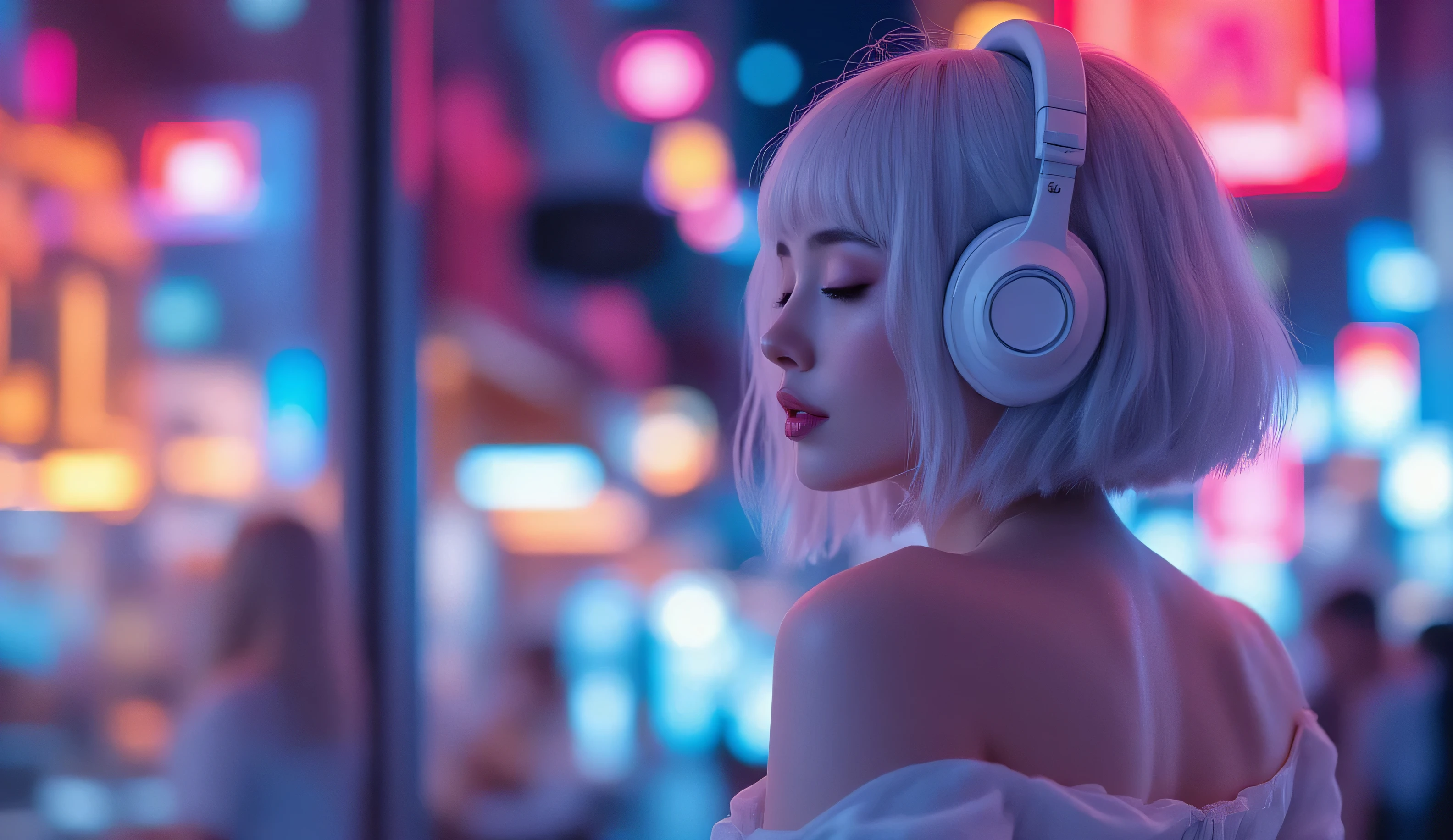 (masterpiece, ultra-detailed, photorealistic, cinematic lighting),  
Sally, standard template, short fluffy silver-white bob hair, porcelain smooth glowing skin,  
wearing elegant off-shoulder white dress, large headphones,  
eyes gently closed, lips slightly parted, immersed in music, blissful expression,  
half-body portrait, distant view, subject occupies about 30-35% of frame width,  
positioned at the left one-third of the frame, rule of thirds composition,  
wide-angle photography style, generous headroom, more background space,  
background: nighttime neon city street, blurred glowing signs, soft bokeh,  
cool neon lights, blue and violet tones, subtle cyan highlights, cinematic cyberpunk atmosphere,  
desktop wallpaper, 1920x1080, 16:9 aspect ratio,  

-- negative prompt: oversized head, close-up face, warm orange glow, oversaturated pink,  
silhouette, cropped face, blurry, distorted, cartoon, anime style, painting,  
low quality, text, watermark, logo