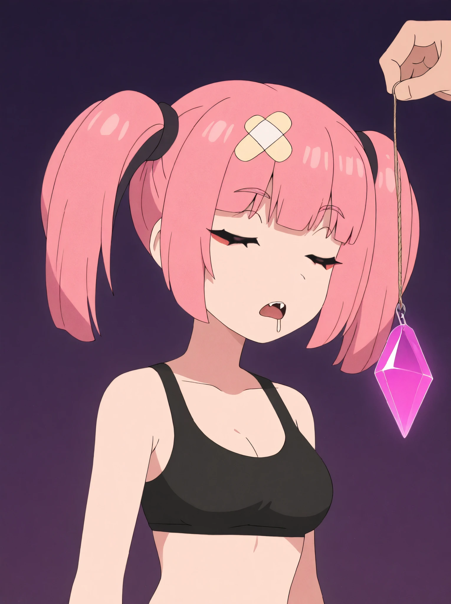 masterpiece, best quality, amazing quality, very aesthetic, absurdres, newest, simple background,  dark purple background, angomegavoltage, 1girl, bandaid on head, pink hair, solo, twintails, bangs, fang, upper teeth only, black bra, bare shoulders, upper body, expressionless, closed_eyes, closed eyes, eyes closed, hypnosis, hypnotized, sleeping, sleeping while standing, drooling, drooling from mouth, medium breasts, crystal on string