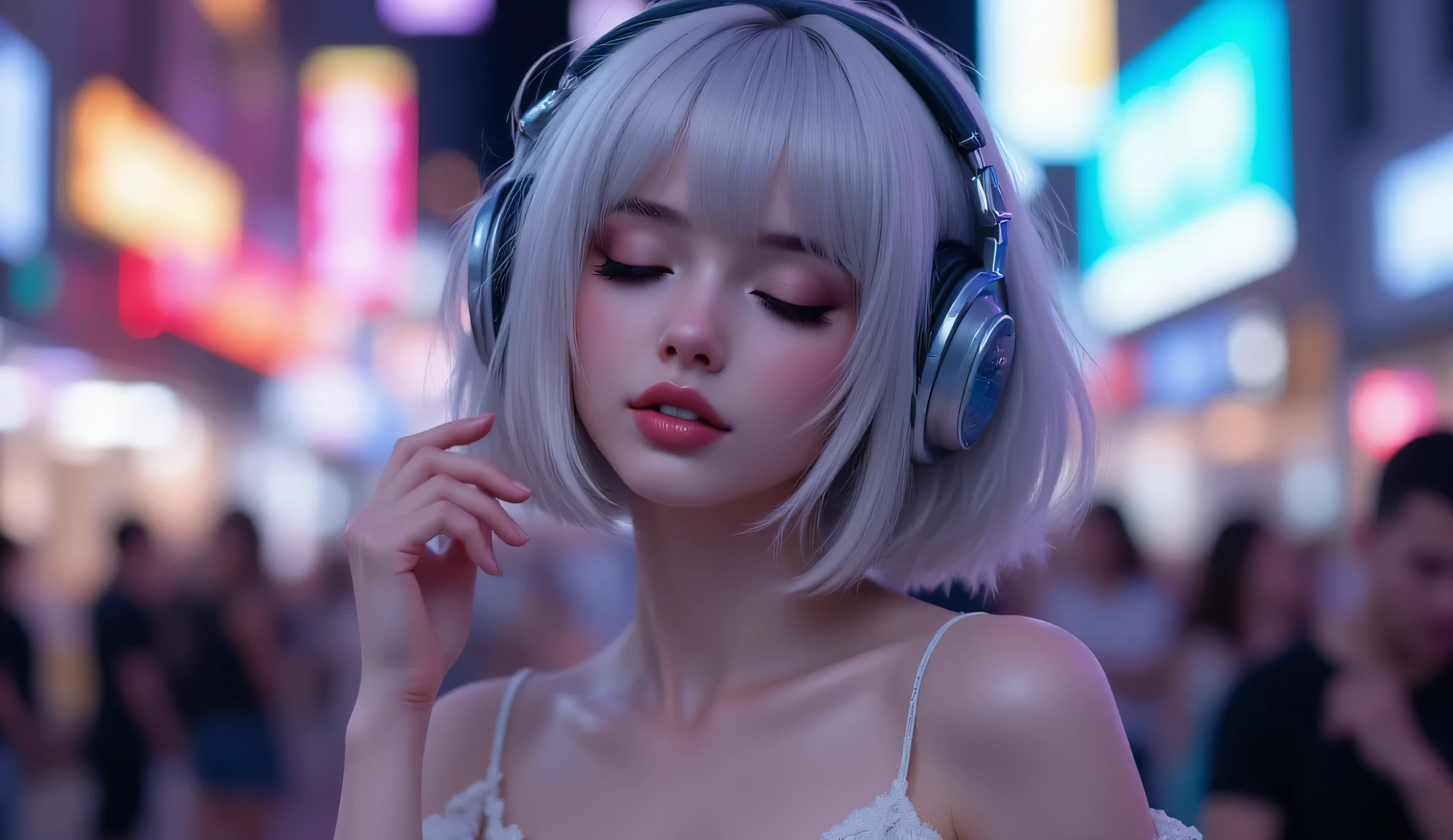 (masterpiece, ultra-detailed, photorealistic, cinematic lighting),
Sally, standard template, short silver-white fluffy bob hair, porcelain smooth glowing skin,
wearing elegant off-shoulder white dress, large headphones,
eyes gently closed, lips slightly parted, immersed in music, blissful expression,
half-body portrait, distant view, subject occupies only about 30% of frame width,
positioned at the left one-third of the frame,
rule of thirds composition, wide-angle photography style,
more background space with blurred neon city street, glowing signs, cinematic urban bokeh,
desktop wallpaper, 1920x1080, 16:9 aspect ratio,
-- negative prompt: oversized head, close-up portrait, cropped face, silhouette,
wrong character, random model, blurry, distorted, cartoon, anime style, painting,
low quality, text, watermark, oversaturated