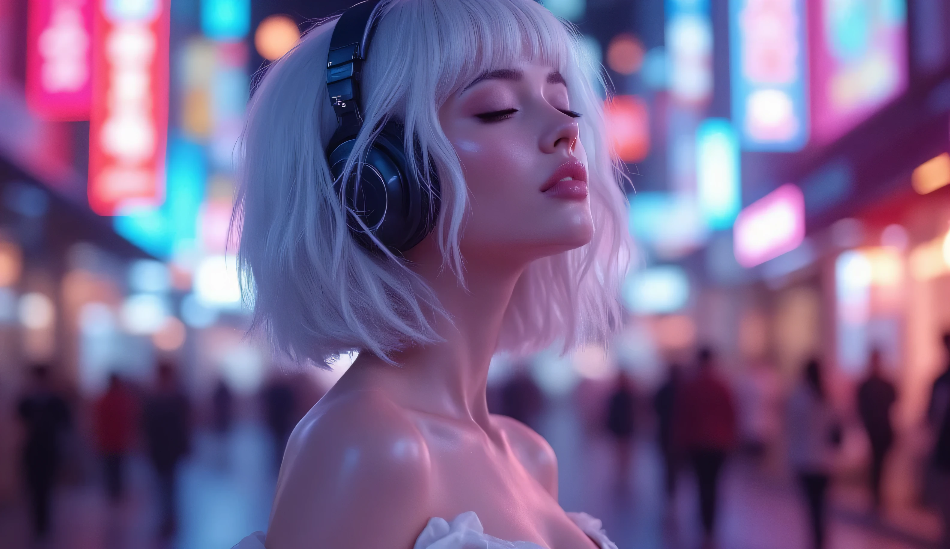 (masterpiece, ultra-detailed, photorealistic, cinematic lighting),  
Sally, standard template, short fluffy silver-white bob hair, porcelain smooth glowing skin,  
wearing elegant off-shoulder white dress, large headphones,  
eyes gently closed, lips slightly parted, immersed in music, blissful expression,  
half-body portrait, distant view, subject occupies about 30-35% of frame width,  
positioned at the left one-third of the frame, rule of thirds composition,  
wide-angle photography style, generous headroom, more background space,  
background: nighttime neon city street, blurred glowing signs, soft bokeh,  
cool neon lights, blue and violet tones, subtle cyan highlights, cinematic cyberpunk atmosphere,  
desktop wallpaper, 1920x1080, 16:9 aspect ratio,  

-- negative prompt: oversized head, close-up face, warm orange glow, oversaturated pink,  
silhouette, cropped face, blurry, distorted, cartoon, anime style, painting,  
low quality, text, watermark, logo
