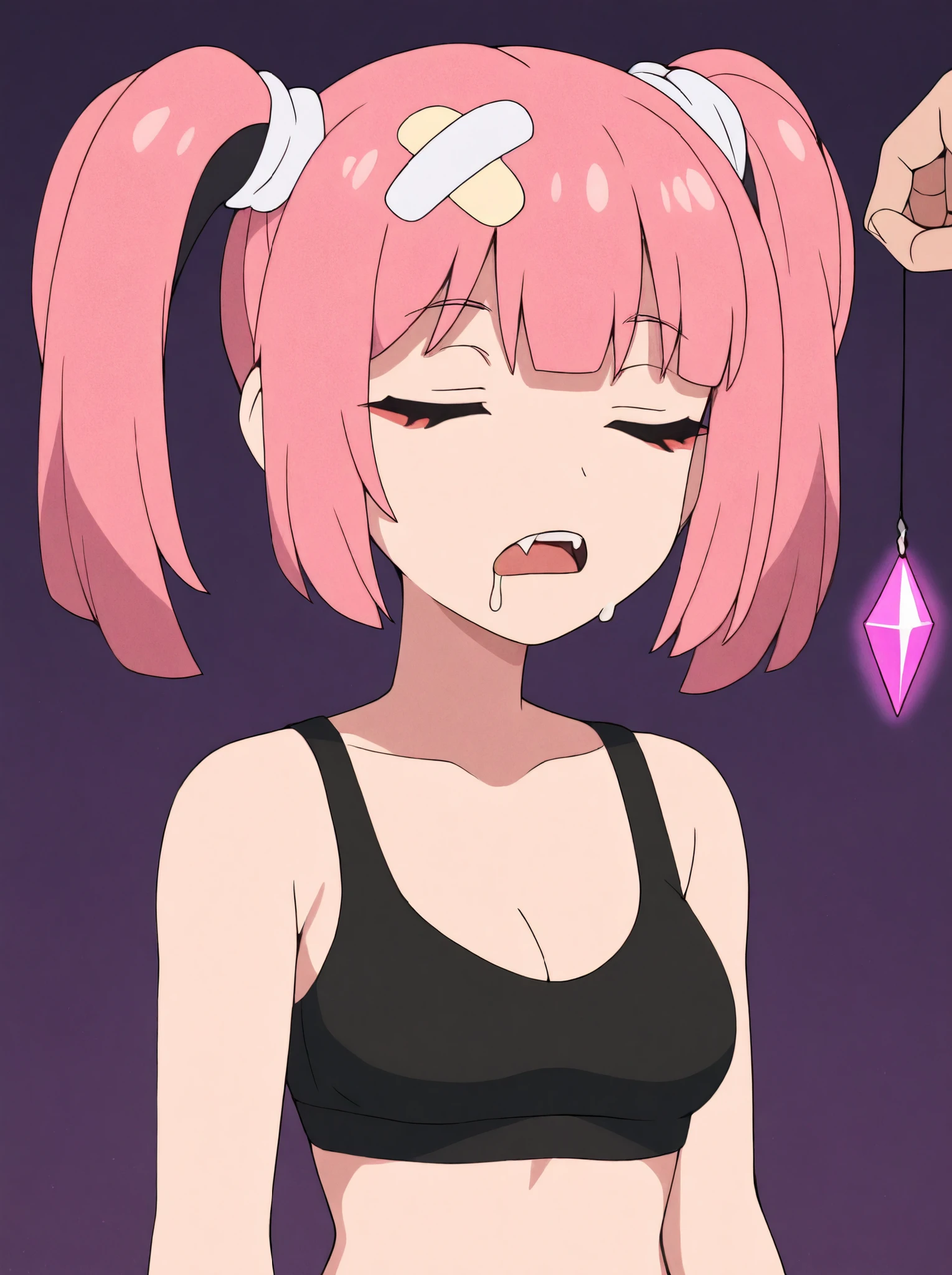 masterpiece, best quality, amazing quality, very aesthetic, absurdres, newest, simple background,  dark purple background, angomegavoltage, 1girl, bandaid on head, pink hair, solo, twintails, bangs, fang, upper teeth only, black bra, bare shoulders, upper body, expressionless, closed_eyes, closed eyes, eyes closed, hypnosis, hypnotized, sleeping, sleeping while standing, drooling, drooling from mouth, medium breasts, crystal on string