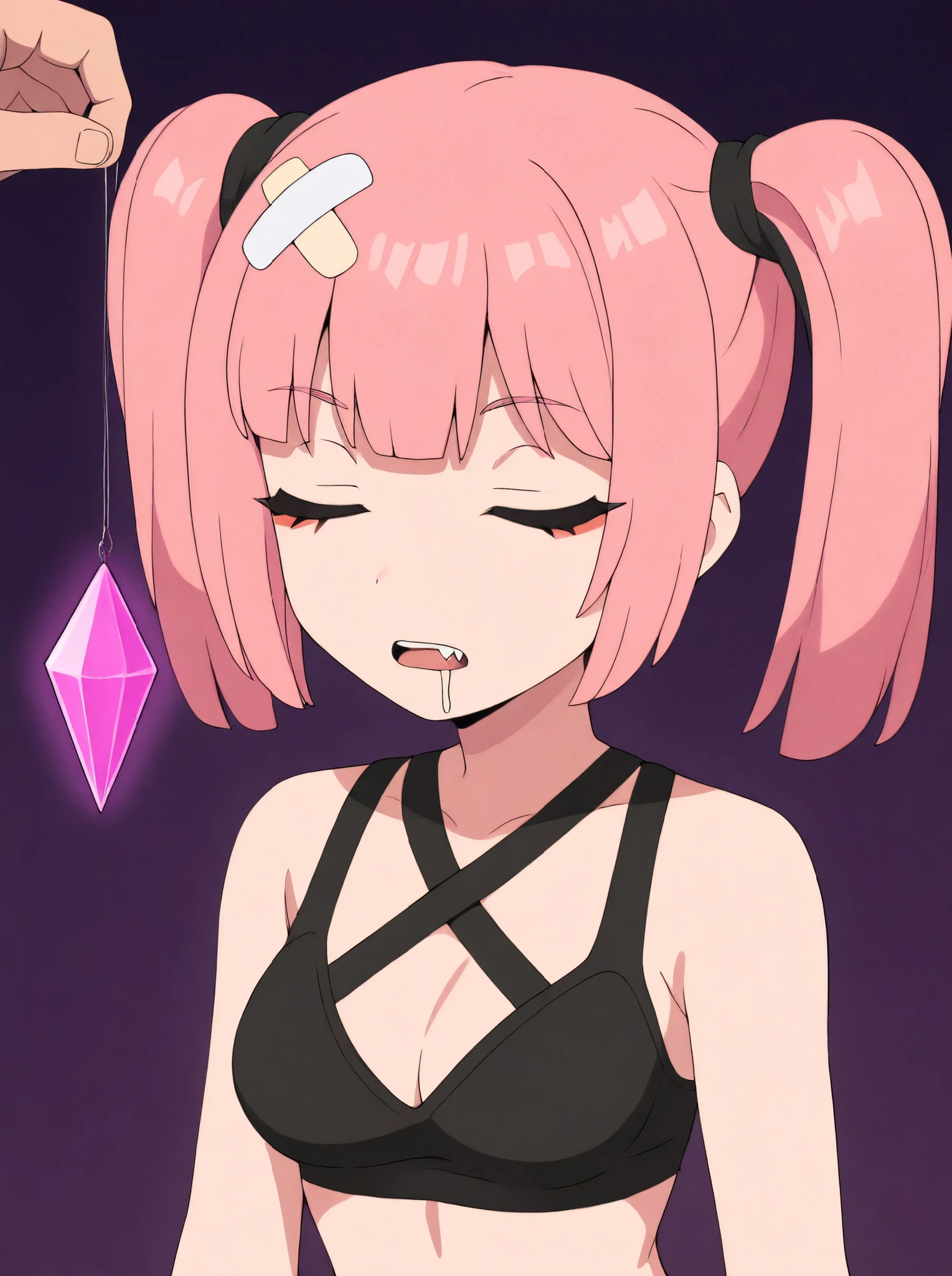 masterpiece, best quality, amazing quality, very aesthetic, absurdres, newest, simple background,  dark purple background, angomegavoltage, 1girl, bandaid on head, pink hair, solo, twintails, bangs, fang, upper teeth only, black bra, bare shoulders, upper body, expressionless, closed_eyes, closed eyes, eyes closed, hypnosis, hypnotized, sleeping, sleeping while standing, drooling, drooling from mouth, medium breasts, crystal on string