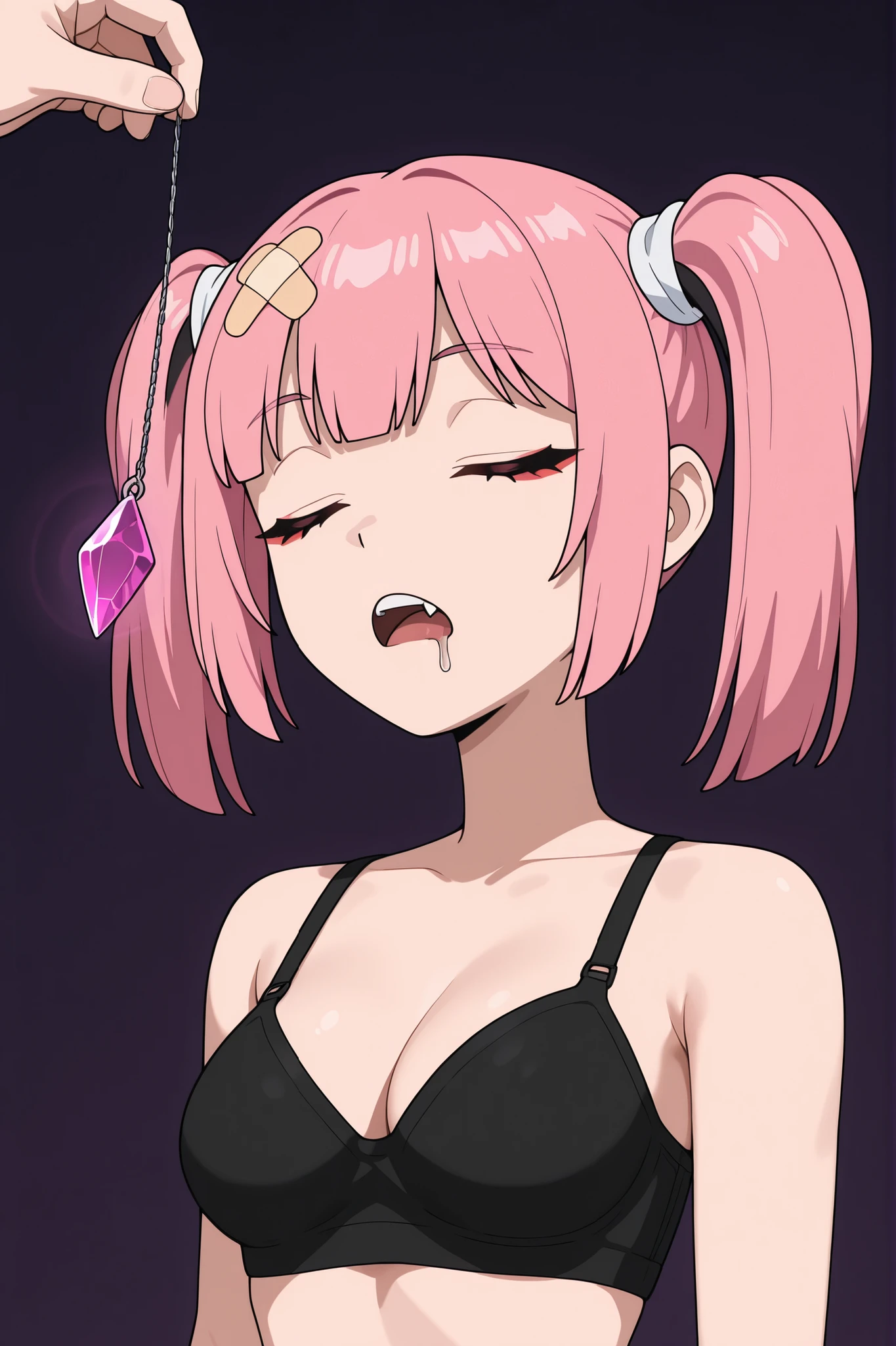 masterpiece, best quality, amazing quality, very aesthetic, absurdres, newest, simple background,  dark purple background, angomegavoltage, 1girl, bandaid on head, pink hair, solo, twintails, bangs, fang, upper teeth only, black bra, bare shoulders, upper body, expressionless, closed_eyes, closed eyes, eyes closed, hypnosis, hypnotized, sleeping, sleeping while standing, drooling, drooling from mouth, medium breasts, crystal on string