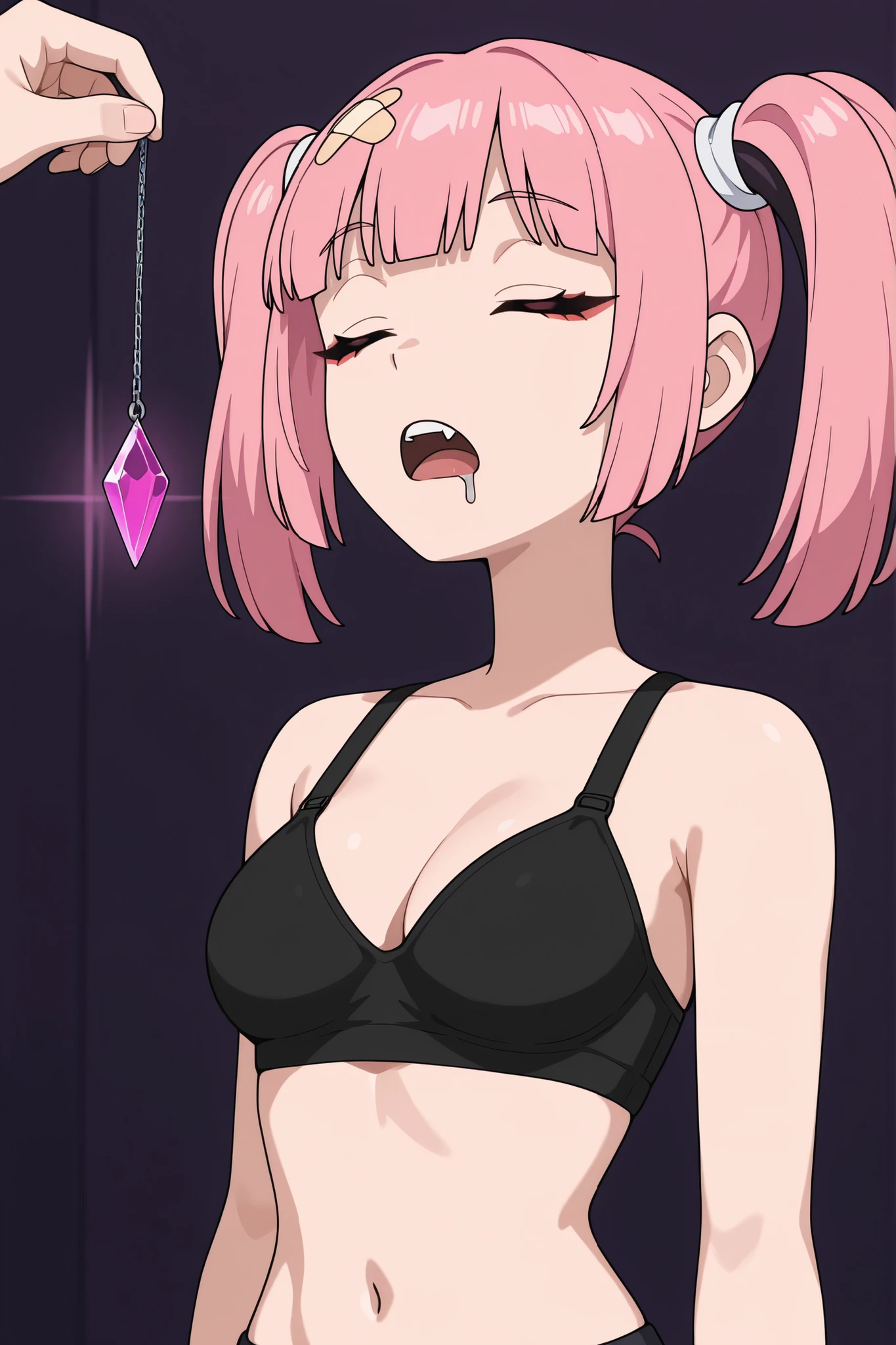 masterpiece, best quality, amazing quality, very aesthetic, absurdres, newest, simple background,  dark purple background, angomegavoltage, 1girl, bandaid on head, pink hair, solo, twintails, bangs, fang, upper teeth only, black bra, bare shoulders, upper body, expressionless, closed_eyes, closed eyes, eyes closed, hypnosis, hypnotized, sleeping, sleeping while standing, drooling, drooling from mouth, medium breasts, crystal on string