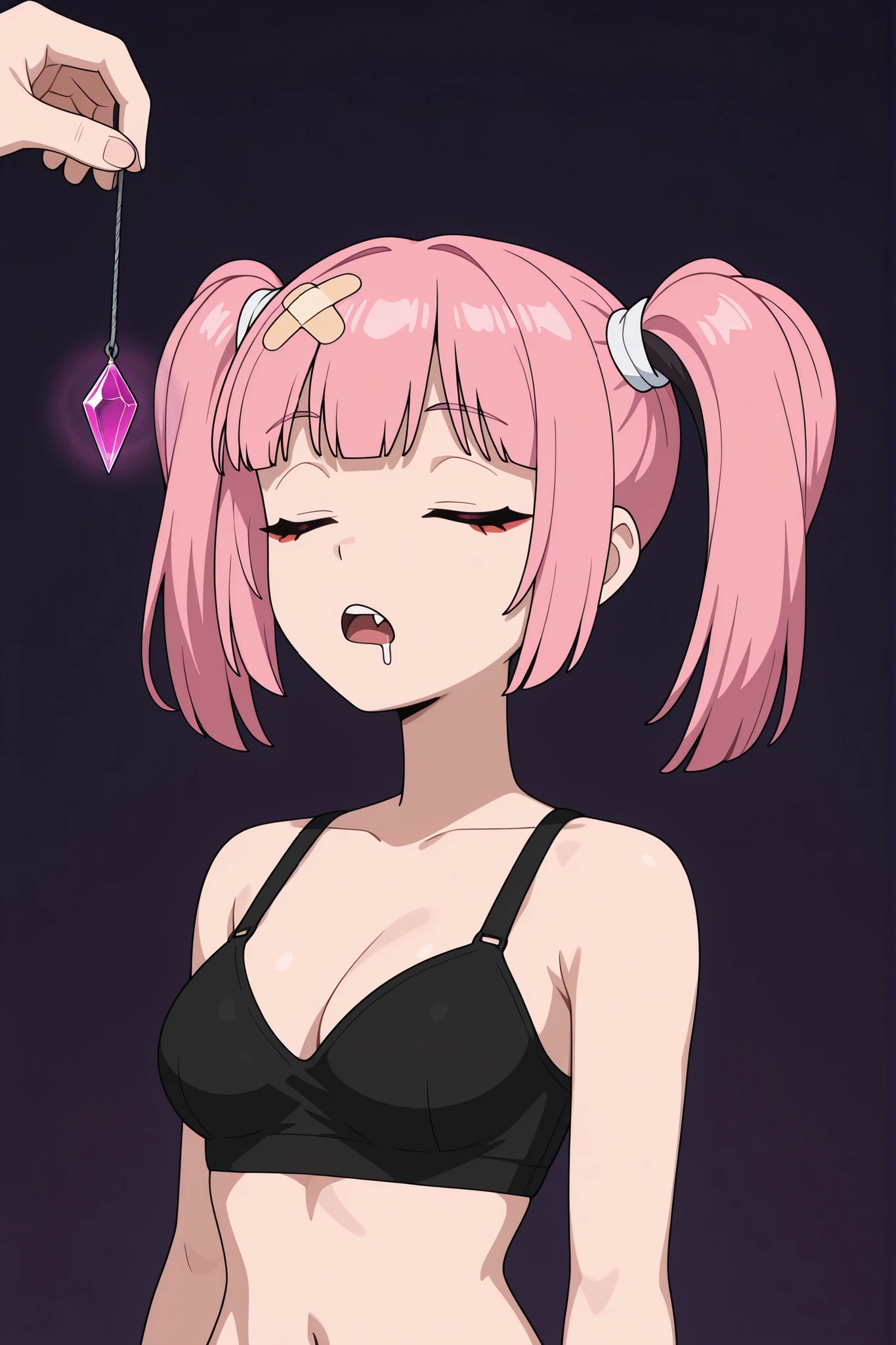 masterpiece, best quality, amazing quality, very aesthetic, absurdres, newest, simple background,  dark purple background, angomegavoltage, 1girl, bandaid on head, pink hair, solo, twintails, bangs, fang, upper teeth only, black bra, bare shoulders, upper body, expressionless, closed_eyes, closed eyes, eyes closed, hypnosis, hypnotized, sleeping, sleeping while standing, drooling, drooling from mouth, medium breasts, crystal on string
