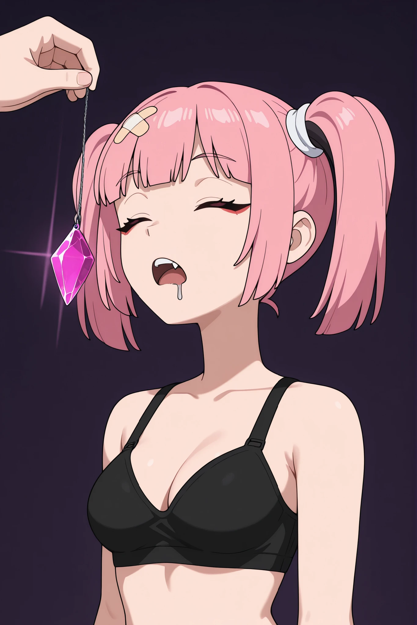 masterpiece, best quality, amazing quality, very aesthetic, absurdres, newest, simple background,  dark purple background, angomegavoltage, 1girl, bandaid on head, pink hair, solo, twintails, bangs, fang, upper teeth only, black bra, bare shoulders, upper body, expressionless, closed_eyes, closed eyes, eyes closed, hypnosis, hypnotized, sleeping, sleeping while standing, drooling, drooling from mouth, medium breasts, crystal on string
