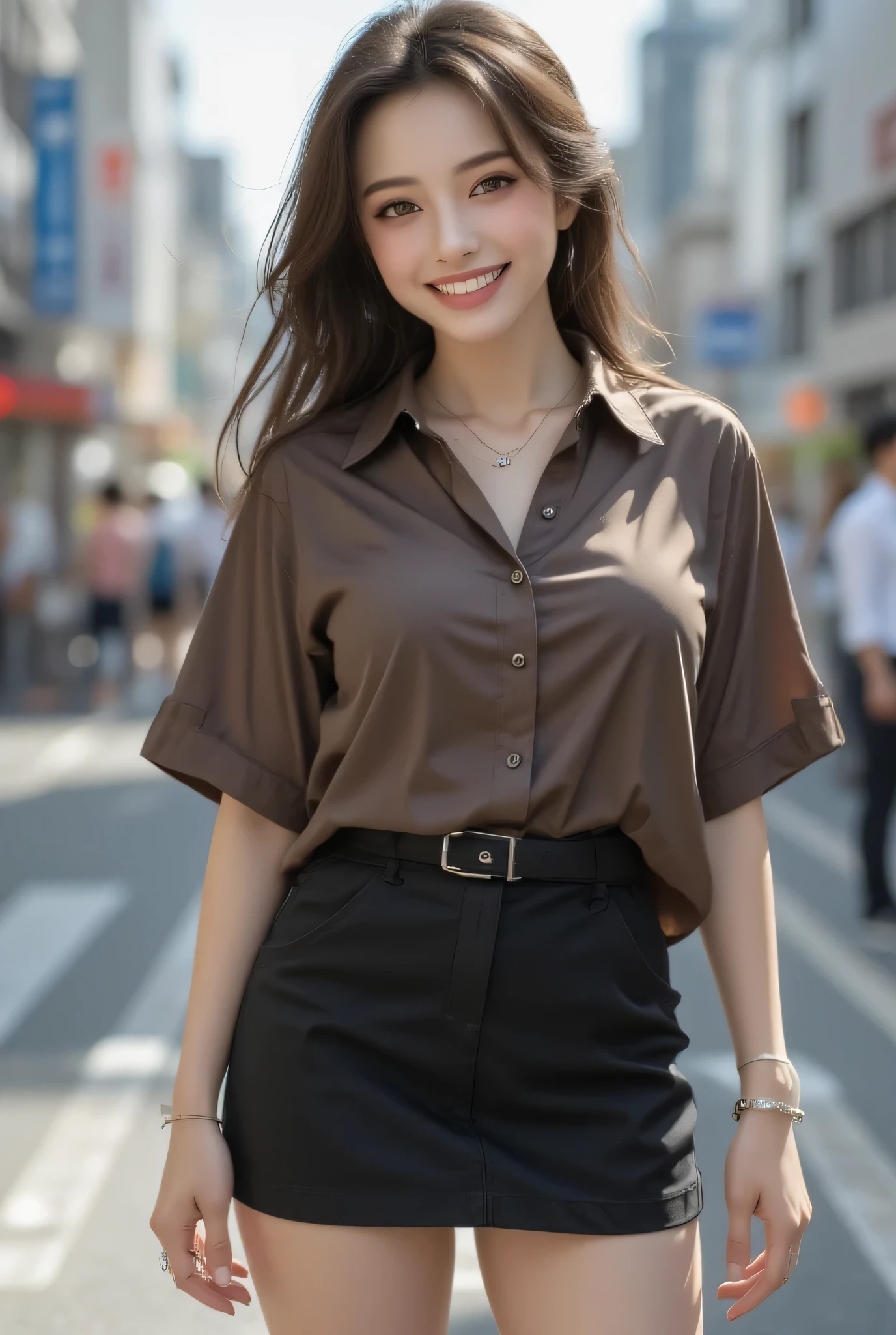 Japanese attractive adult woman standing in downtown Tokyo, dark brown collared shirt completely wrapping her huge breasts, black tight mini skirt, seductive smile with perfect white teeth, transparent dark brown eyes, long eyelashes and natural double eyelids, sophisticated hair, necklace adorning décolleté, toned alluring thighs, against a background of the city bathed in the crisp morning light, photorealistic 4K quality