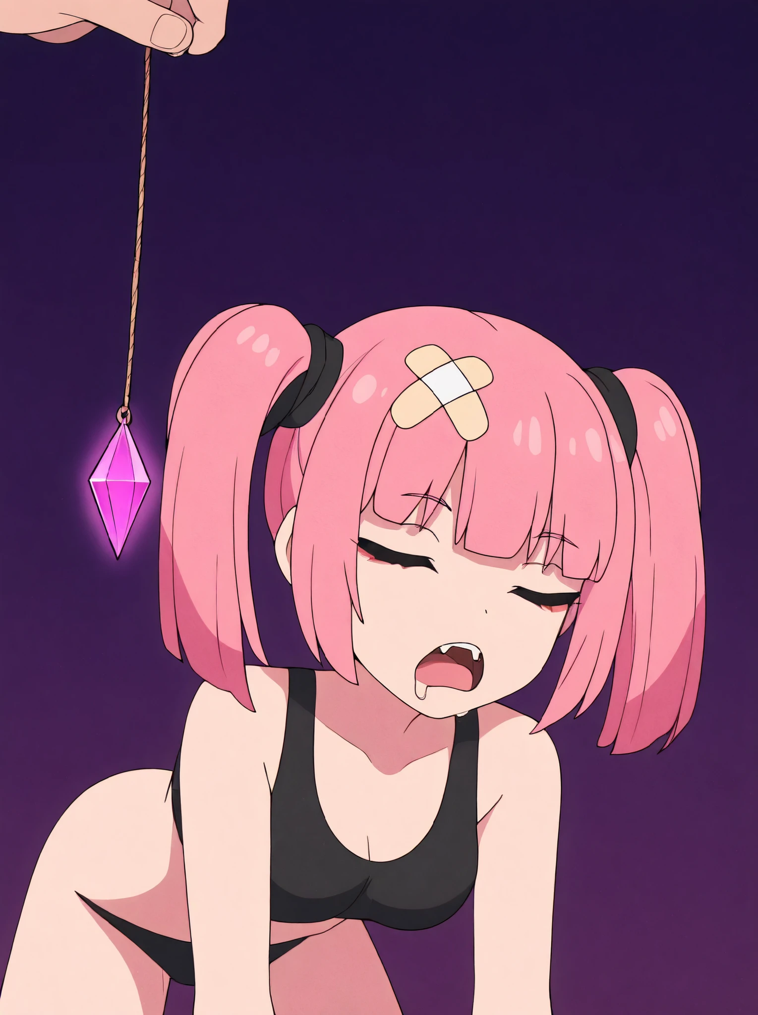 masterpiece, best quality, amazing quality, very aesthetic, absurdres, newest, simple background,  dark purple background, angomegavoltage, 1girl, bandaid on head, pink hair, solo, twintails, bangs, fang, upper teeth only, black bra, bare shoulders, upper body, on all fours, all fours, expressionless, closed_eyes, closed eyes, eyes closed, hypnosis, hypnotized, sleeping, sleeping while on all fours, drooling, drooling from mouth, medium breasts, crystal on string