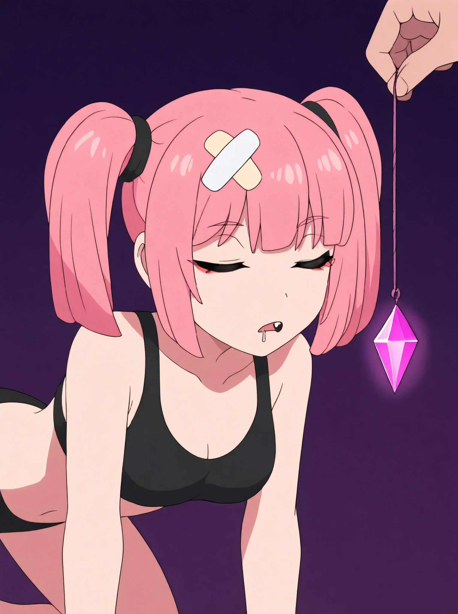 masterpiece, best quality, amazing quality, very aesthetic, absurdres, newest, simple background,  dark purple background, angomegavoltage, 1girl, bandaid on head, pink hair, solo, twintails, bangs, fang, upper teeth only, black bra, bare shoulders, upper body, on all fours, all fours, expressionless, closed_eyes, closed eyes, eyes closed, hypnosis, hypnotized, sleeping, sleeping while on all fours, drooling, drooling from mouth, medium breasts, crystal on string