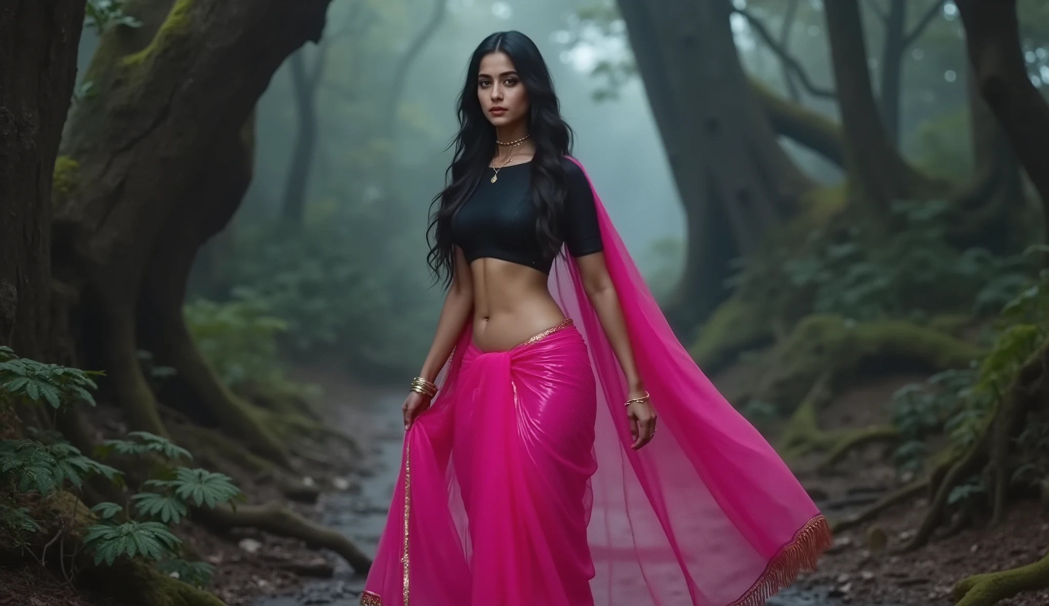 Full hd image of a indian 25 years old girl wearing pink shimmer saree black blouse walking in a scary ancient forest back view 