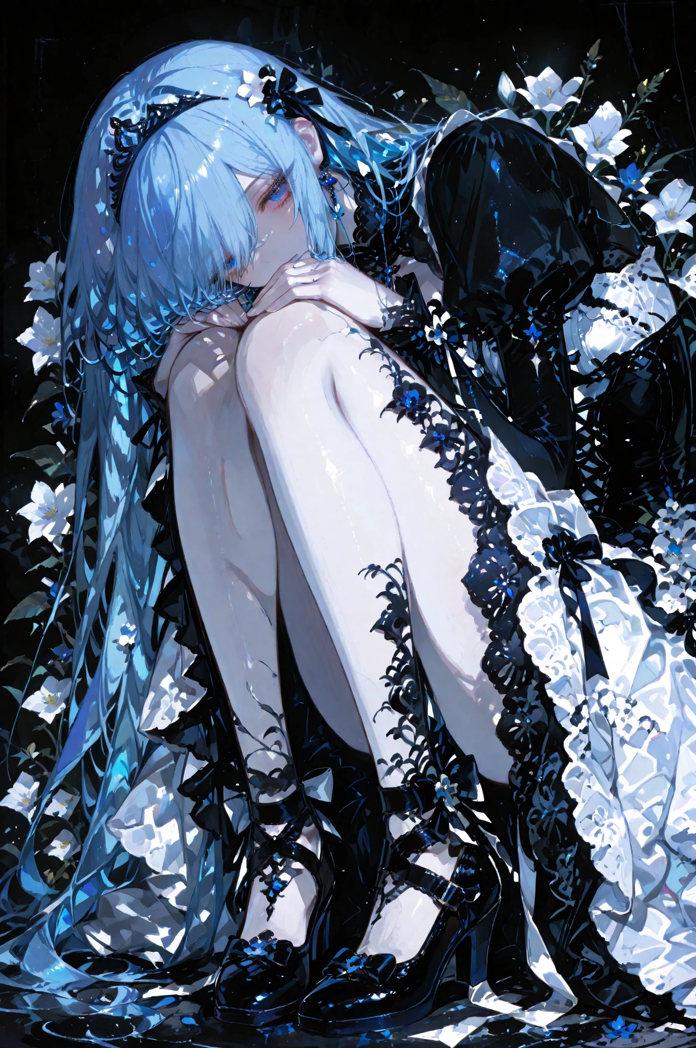 masterpiece, best quality, distinct image, 1 girl, 16 year old teenager, elegant and royal style ruffled dress, solo. soft facial features, symmetrical shaped face, cherry red lip, alabaster white skin, sky blue eyes-colored eyes, tall height(185cm), slender yet thick, bright ocean blue hair, flowing long hairstyle, long and slender legs, curvy wide  stretching the dress, full body image,