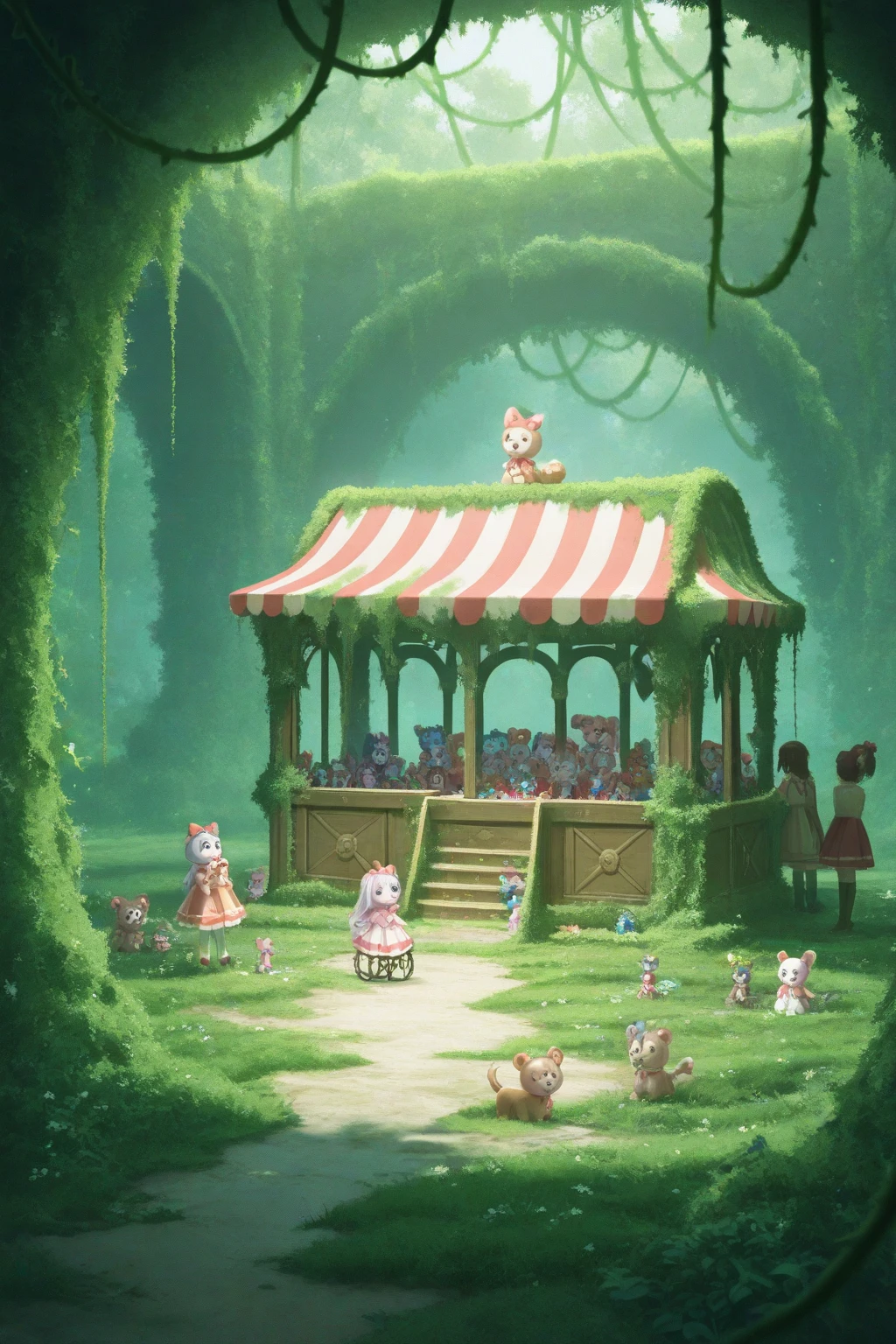 Cat Concert　Fantastic atmosphere　Picture book illustrations　watercolor paiting　Overall, the color is strong red