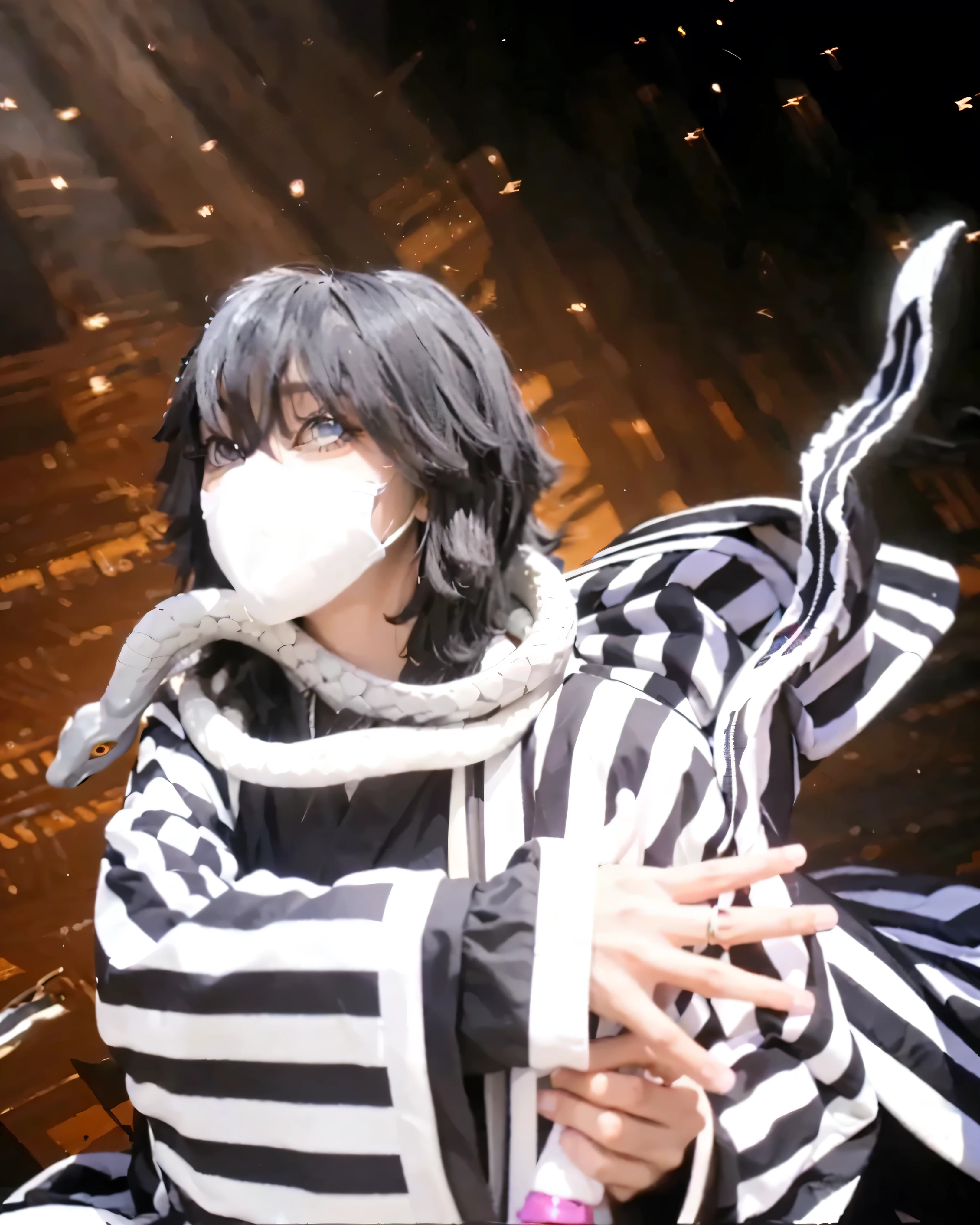 ((OBANAI IGURO_DEMON SLAYER)),((realistic, photorealistic)),(highlight hair)), Light reflection, (( HD )),((upper body)), (((best quality, masterpiece))), (masterpiece) (best quality) (detail) (8k) (HDR) (wallpaper) (cinematic lighting) (sharp focuasterpiece, best quality: 1.1), Real life adaption of this character, realistic outfit, realistic shadow, realistic light, realism, hyper realistic, realistic background,realistic hair,(photorealistic:1.2), (masterpiece: 1.2), (best quality: 1.3), (clear details: 1.3), ((((ultra-detailed)))), ((detailed eyes)), (extremely detailed face:1.4), (highly detailed eyelash:1.6), 1man, (Realistic style:0.9), masterpiece, best quality, absurdres, looking at viewer, solo, (A cosplayer:1.2), (asian:1.2), (young adult:1.1), wearing a white mask, dressed in a black and white striped kimono, black pants, (detailed kimono:1.3), holding a katana, (confident expression:1.3), (Cosplay of Obanai Iguro:1.3), (anime character:1.2), (Asian ethnicity:1.2), young adult, wearing (detailed black and white striped haori:1.3), white mask, snake wrapped around the neck, finger ring, (black messy hair:1.1), holding a sword-like object with purple accents, with both hands in front, looking forward, three-quarter view, dark background with golden flares, sharp focus, dramatic lighting, digital art, high detail, (detailed textures:1.1), fantasy atmosphere, artstation quality, 8k resolution, shot with a medium lens, dynamic pose, intense expression.
