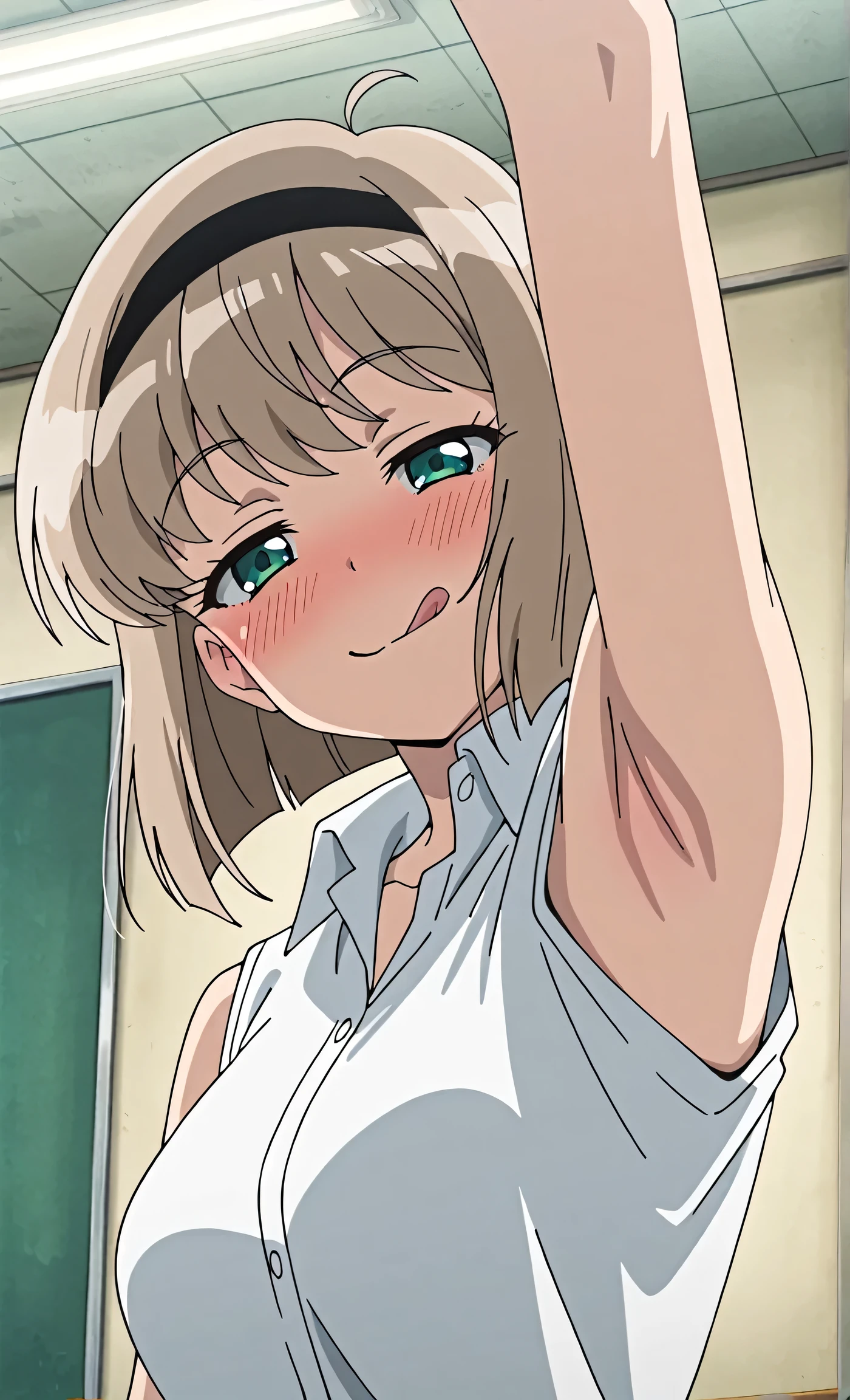 masterpiece, best quality, amazing quality, anime screencap, anime coloring, 1girl, solo, Miki H25, light brown hair, short hair,bangs, green eyes, black hairband, medium breast, slim waist, white shirt, collared shirt, sleeveless shirt, open collar, arm up, raised arm, armpit, armpit focus, head towards viewer, looking at viewer, evil smile, smug, blush, half-closed eyes, closed mouth, indoors, school, licking lips