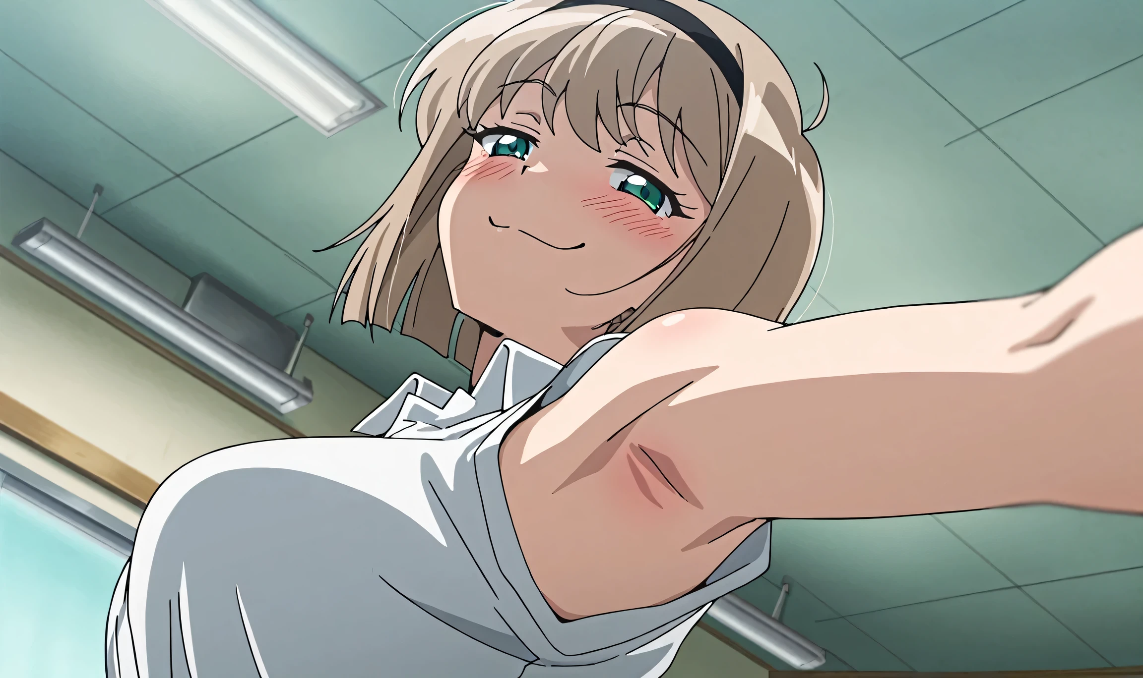 masterpiece, best quality, amazing quality, anime screencap, anime coloring, 1girl, solo, Miki H25, light brown hair, short hair,bangs, green eyes, black hairband, medium breast, slim waist, white shirt, collared shirt, sleeveless shirt, open collar, armpit, armpit focus, head towards viewer, looking at viewer, evil smile, smug, blush, half-closed eyes, closed mouth, indoors, school, from side, from below