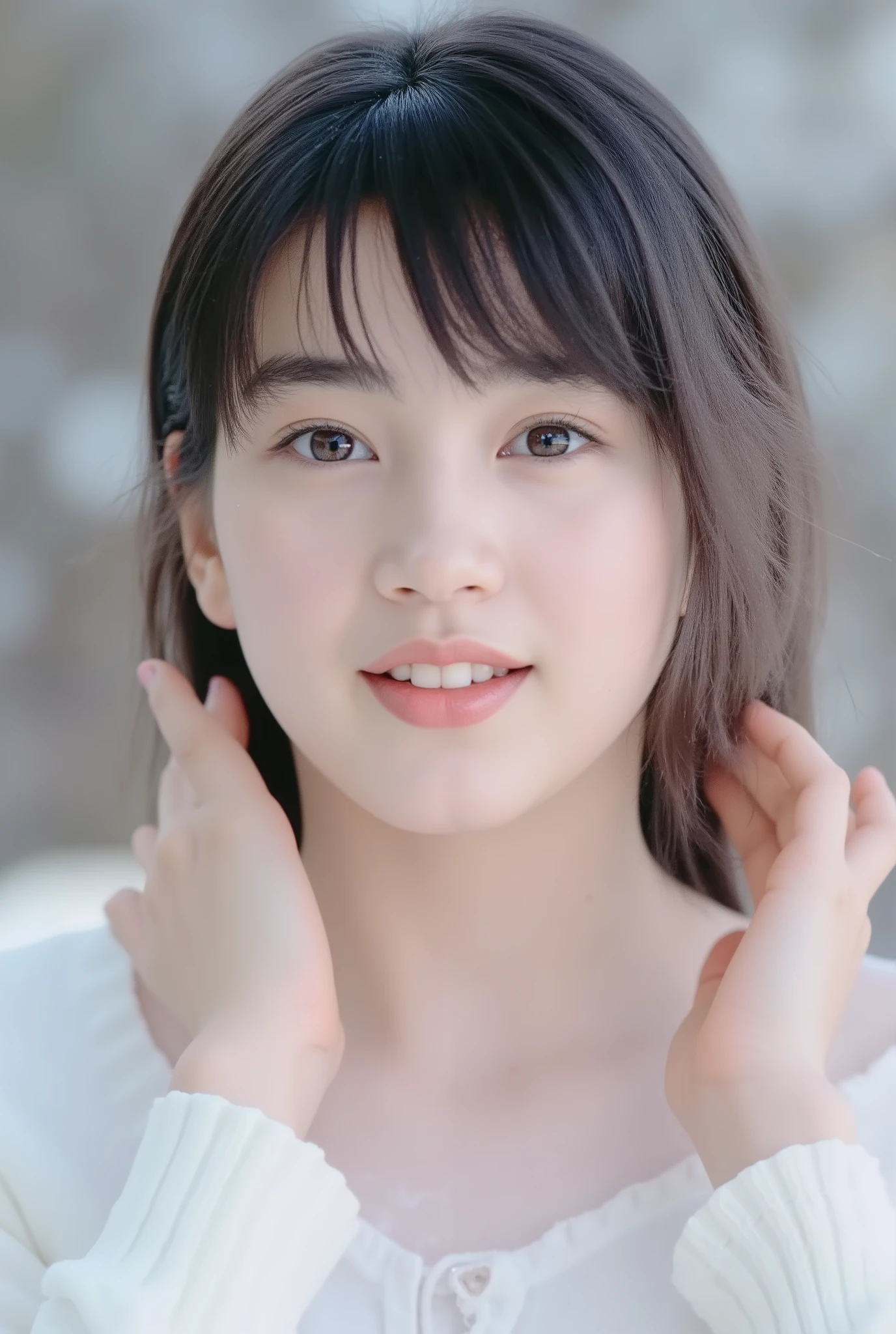 (masterpiece, Highest Quality:1.2), sunny snowy field、white women、from the front, beautiful girl with a pretty face, Age 15, Blushing fair skin、Moist and shining eyes、shiny black hair、smooth fair skin、 One ear sticking out、Sensual facial expressions、Picture above the shoulder 、Realistic、Precise Detailed Description、Pro level 、Vivid Color、bokeh