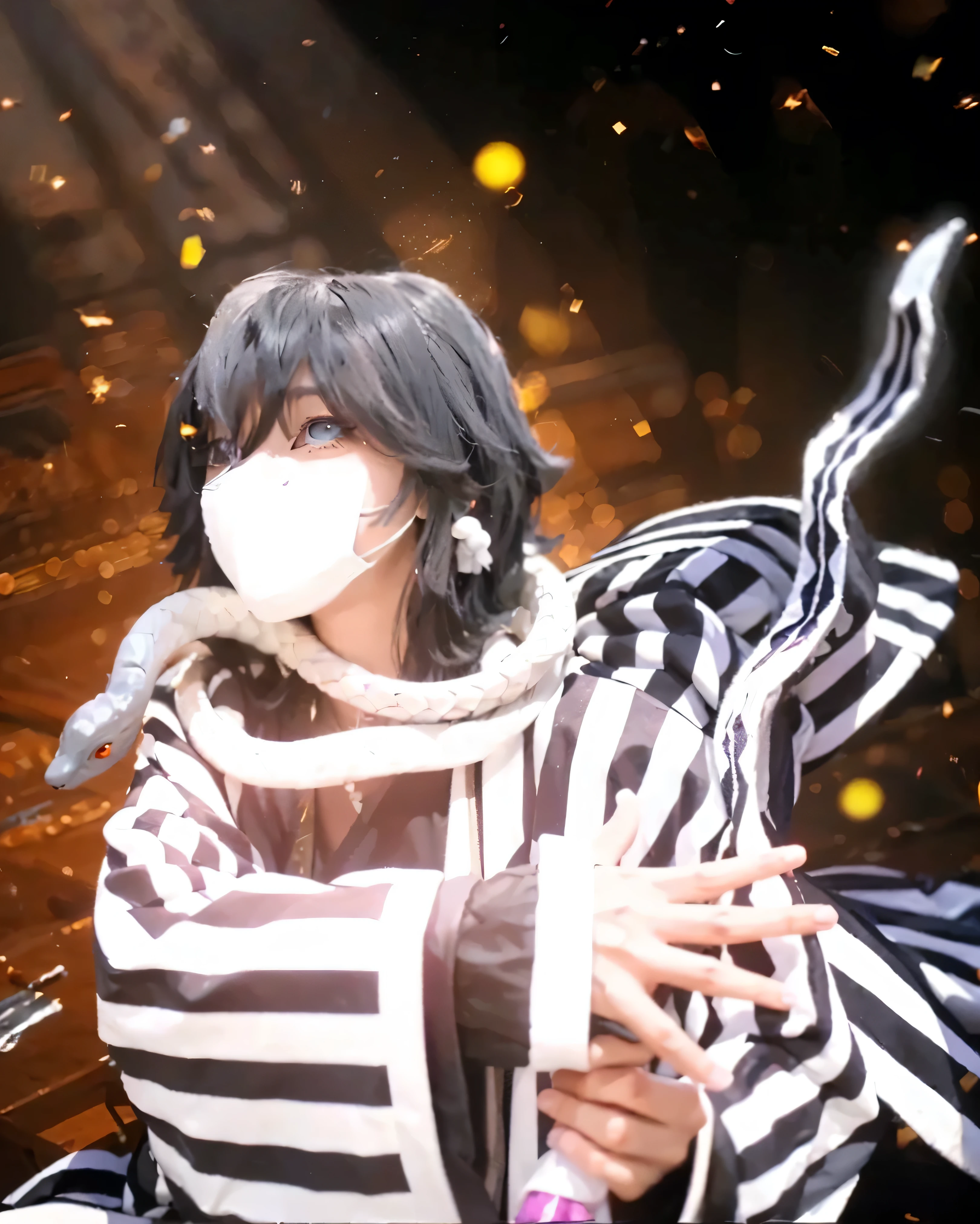 ((OBANAI IGURO_DEMON SLAYER)),((realistic, photorealistic)),(highlight hair)), Light reflection, (( HD )),((upper body)), (((best quality, masterpiece))), (masterpiece) (best quality) (detail) (8k) (HDR) (wallpaper) (cinematic lighting) (sharp focuasterpiece, best quality: 1.1), Real life adaption of this character, realistic outfit, realistic shadow, realistic light, realism, hyper realistic, realistic background,realistic hair,(photorealistic:1.2), (masterpiece: 1.2), (best quality: 1.3), (clear details: 1.3), ((((ultra-detailed)))), ((detailed eyes)), (extremely detailed face:1.4), (highly detailed eyelash:1.6), 1man, (Realistic style:0.9), masterpiece, best quality, absurdres, looking at viewer, solo, (A cosplayer:1.2), (asian:1.2), (young adult:1.1), wearing a white mask, dressed in a black and white striped kimono, black pants, (detailed kimono:1.3), holding a katana, (confident expression:1.3), (Cosplay of Obanai Iguro:1.3), (anime character:1.2), (Asian ethnicity:1.2), young adult, wearing (detailed black and white striped haori:1.3), white mask, snake wrapped around the neck, finger ring, (black messy hair:1.1), holding a sword-like object with purple accents, with both hands in front, looking forward, three-quarter view, dark background with golden flares, sharp focus, dramatic lighting, digital art, high detail, (detailed textures:1.1), fantasy atmosphere, artstation quality, 8k resolution, shot with a medium lens, dynamic pose, intense expression.
