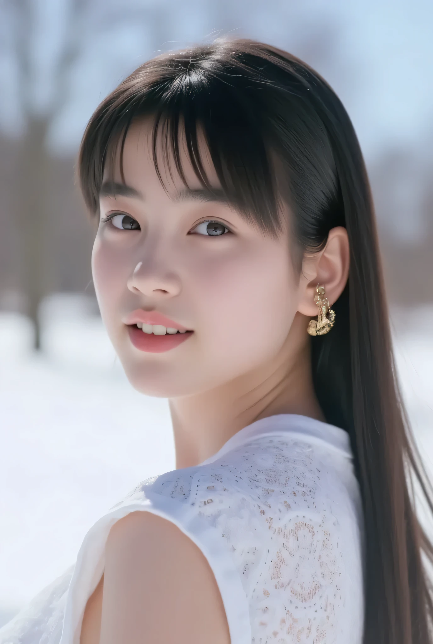 (masterpiece, Highest Quality:1.2), sunny snowy field、white women、from the front, beautiful girl with a pretty face, Age 15, Blushing fair skin、Moist and shining eyes、shiny black hair、smooth fair skin、 One ear sticking out、Sensual facial expressions、Picture above the shoulder 、Realistic、Exact Details、Pro level 、Vivid Color、bokeh