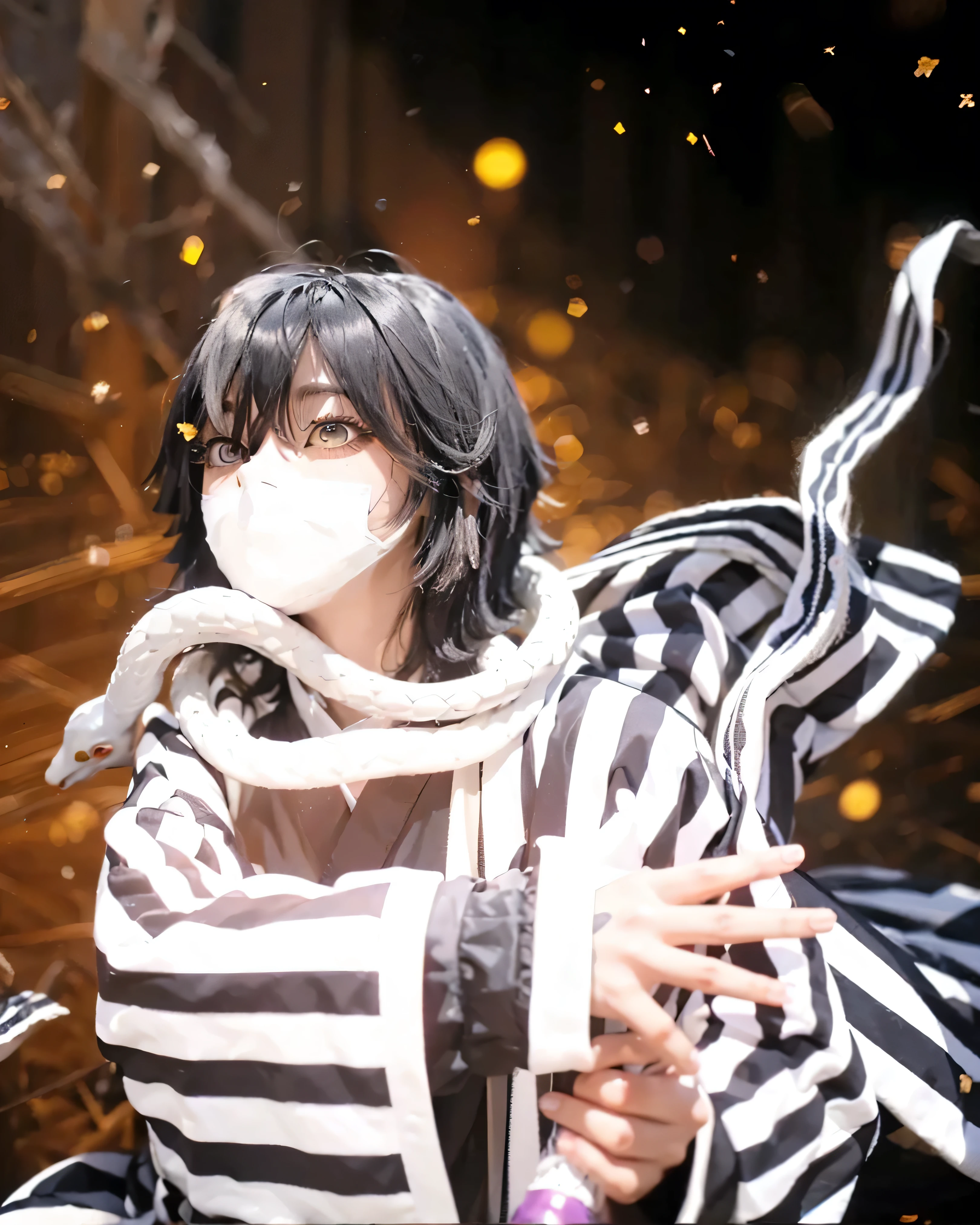 ((OBANAI IGURO_DEMON SLAYER)),((realistic, photorealistic)),(highlight hair)), Light reflection, (( HD )),((upper body)), (((best quality, masterpiece))), (masterpiece) (best quality) (detail) (8k) (HDR) (wallpaper) (cinematic lighting) (sharp focuasterpiece, best quality: 1.1), Real life adaption of this character, realistic outfit, realistic shadow, realistic light, realism, hyper realistic, realistic background,realistic hair,(photorealistic:1.2), (masterpiece: 1.2), (best quality: 1.3), (clear details: 1.3), ((((ultra-detailed)))), ((detailed eyes)), (extremely detailed face:1.4), (highly detailed eyelash:1.6), 1man, (Realistic style:0.9), masterpiece, best quality, absurdres, looking at viewer, solo, (A cosplayer:1.2), (asian:1.2), (young adult:1.1), wearing a white mask, dressed in a black and white striped kimono, black pants, (detailed kimono:1.3), holding a katana, (confident expression:1.3), (Cosplay of Obanai Iguro:1.3), (anime character:1.2), (Asian ethnicity:1.2), young adult, wearing (detailed black and white striped haori:1.3), white mask, snake wrapped around the neck, finger ring, (black messy hair:1.1), holding a sword-like object with purple accents, with both hands in front, looking forward, three-quarter view, dark background with golden flares, sharp focus, dramatic lighting, digital art, high detail, (detailed textures:1.1), fantasy atmosphere, artstation quality, 8k resolution, shot with a medium lens, dynamic pose, intense expression.