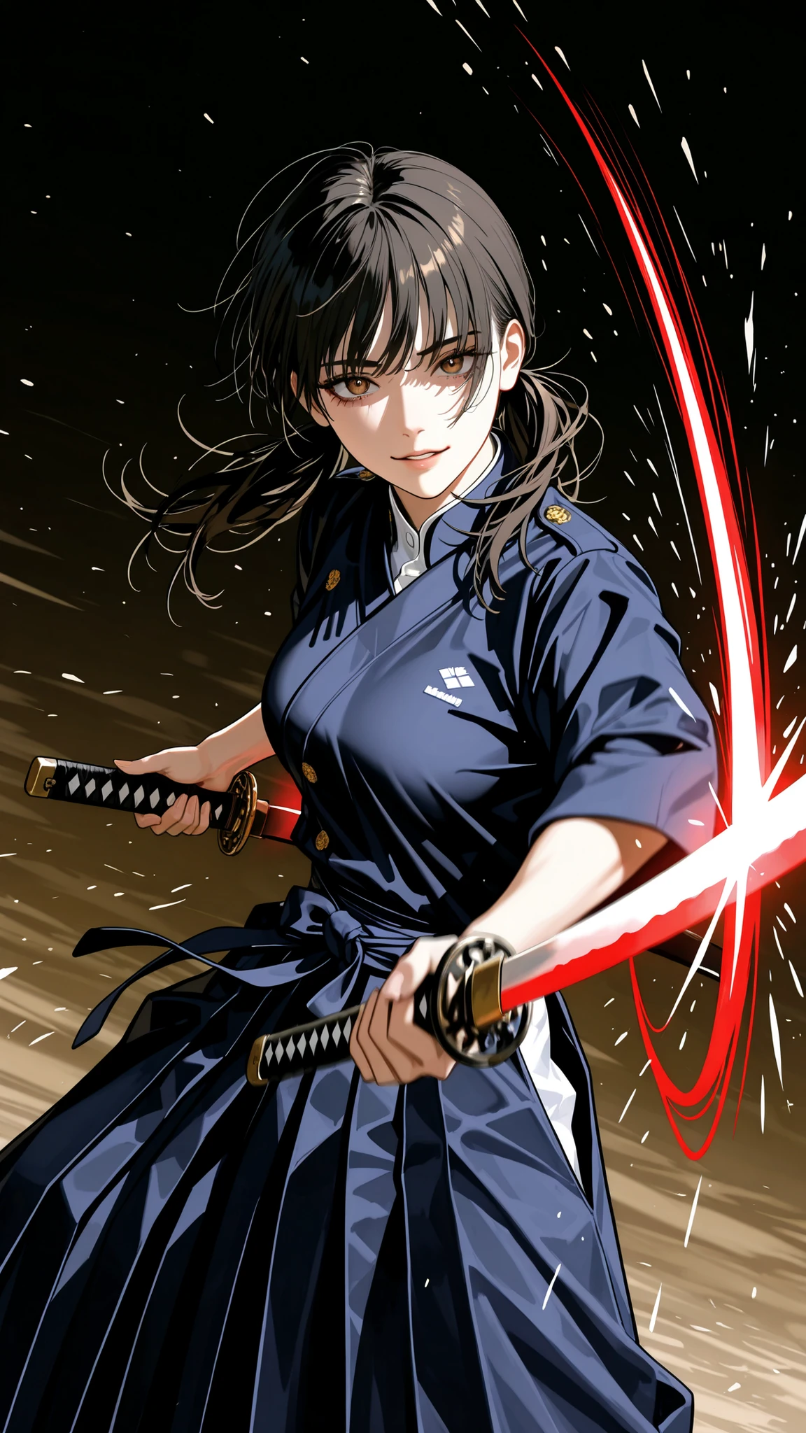1 girl , Mitaka Asa, long hair , low ponytails , brown eyes , pretty eyes , detailed eyes, long eyelashes, beautiful eyes, beautiful face, beautiful hair, medium breasts, white kendo uniform with gold details on the edges, unwrinkled navy blue hakama, standing, detailed background, looking at viewer, holding katana, sword drawn, sword slash motion, glowing blade, detailed hands, cinematic angle, motion lines, motion blur, motion effect, dynamic pose, action shot, parted lips, psychopathic smile, close up, provocativ, top quality, supreme masterpiece, ultra detailed, very aesthetic