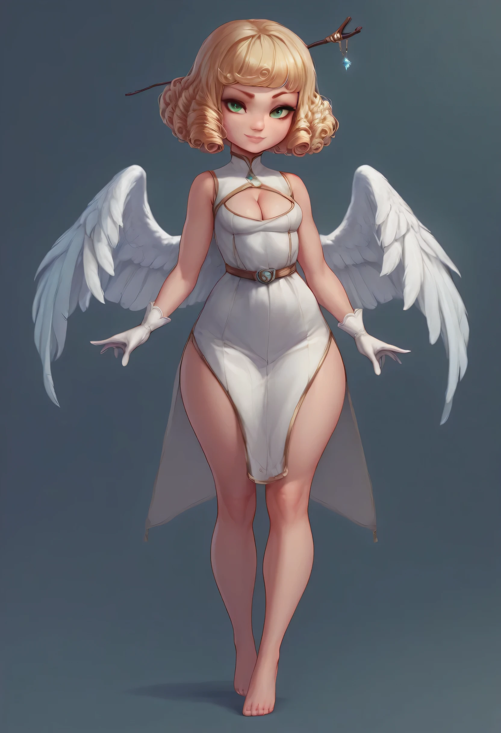 A little girl, size is 3’7”. She has green eyes, golden curly short hair. She has smooth light pink lips stick, and her white clothing cutout, cleavage cutout. She has 6 white wings, standing looming at viewer with a smirk, she has white hand gloves, the quality is High Resolution, Detail, High Details, HD, Textured Skin. She thighs are showing with bare foot. Full body. She a loli, short)