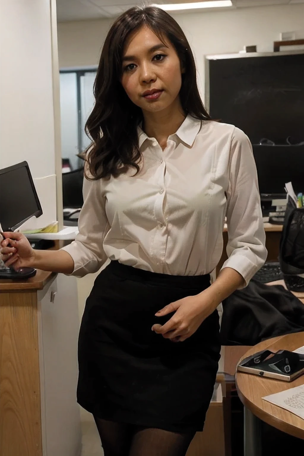 ( Full Body Photo ), one Japanese wife, slender body, small breasts, very thin waist, office-lady, business cloth, white shirt, see-through bra, pencil skirt, black stocking, office room, cute face, whole body, detailed face, detailed eyes, thin, fit, cute, portrait photo, Masterpiece, professional photo quality, super high resolution, photogravure