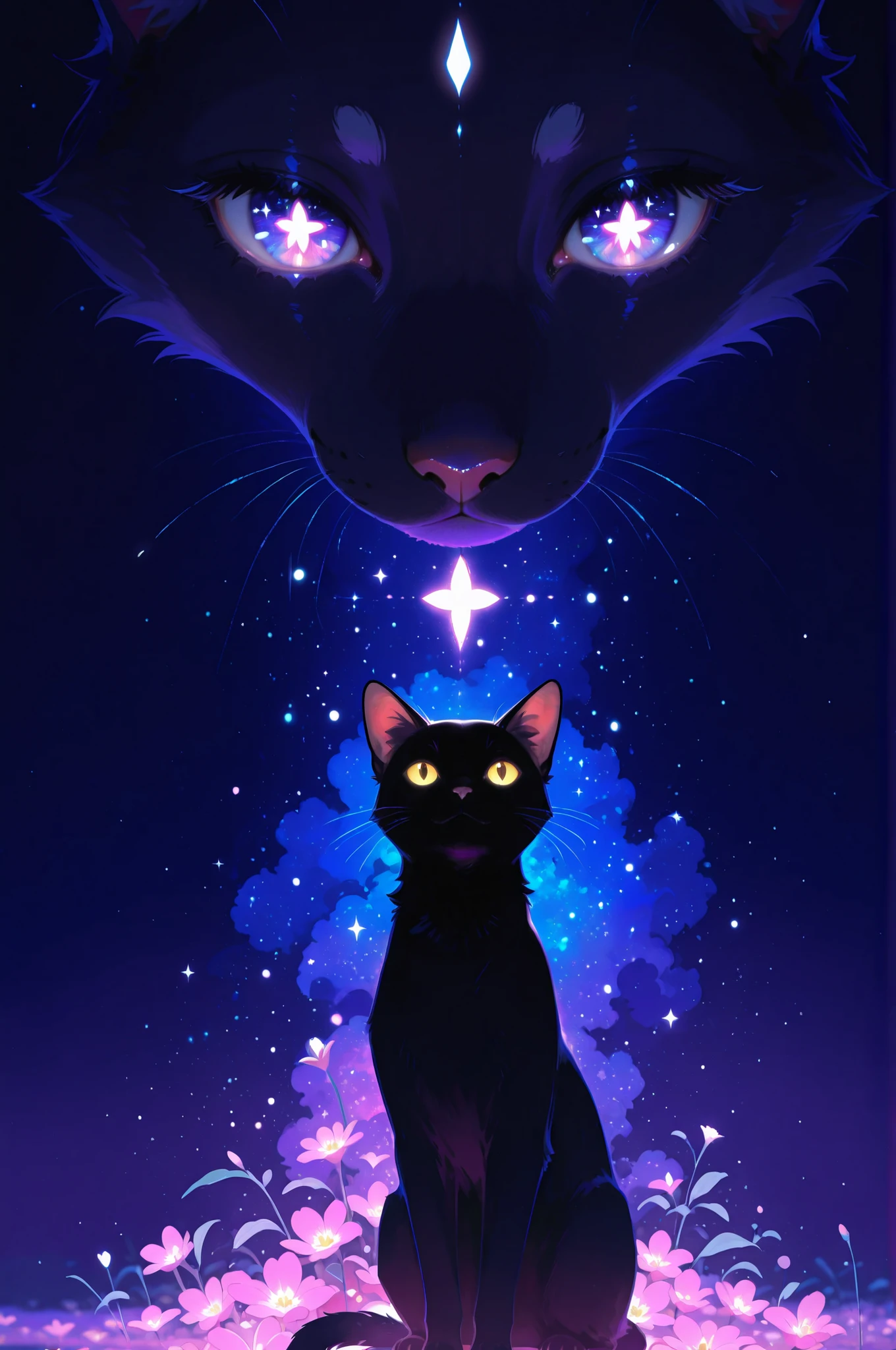 anime coloring, anime artwork, unholy-aesthetic, masterpiece, best quality, newest, absurdres, highres, cinematic lighting, natural shadow, highest detail, detailed background, depth of field, finely detailed face, beautiful face, A stylized, digital painting of a black cat, with glowing, starry eyes and a soft, ethereal glow in a violet-purple color palette.  Floral elements, light purple and pink, seem to gently blend and overlay the cat's fur and body, with glittering, glowing textures that create an otherworldly effect.