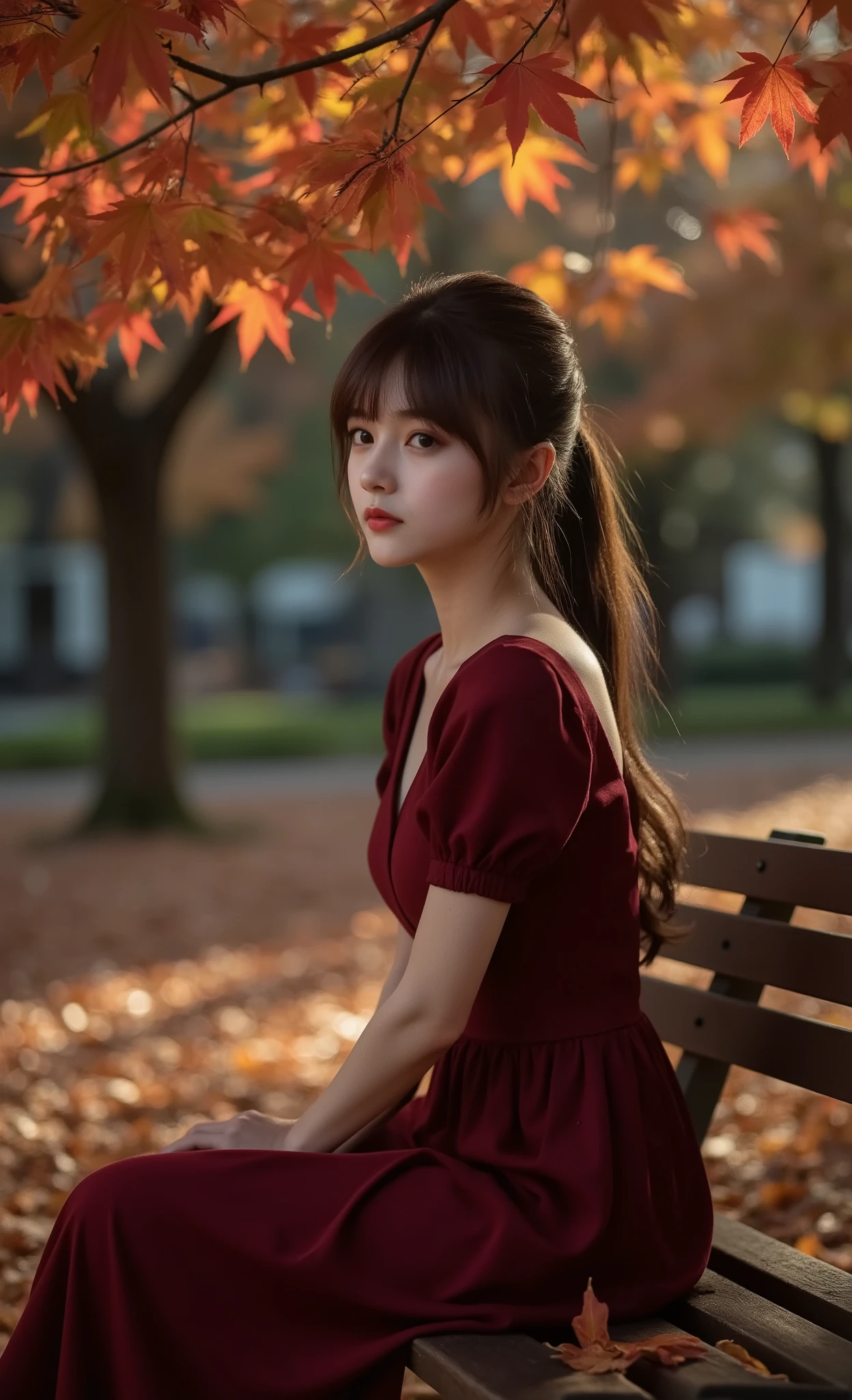 lens, a dramatic photo of a young woman in a dark red dress sitting on a wooden bench amid falling maple leaves., Light and shadow contrast clearly, High contrast color scheme, Cinematic composition, taken with a Leica SL2 and a 50mm f/0.95