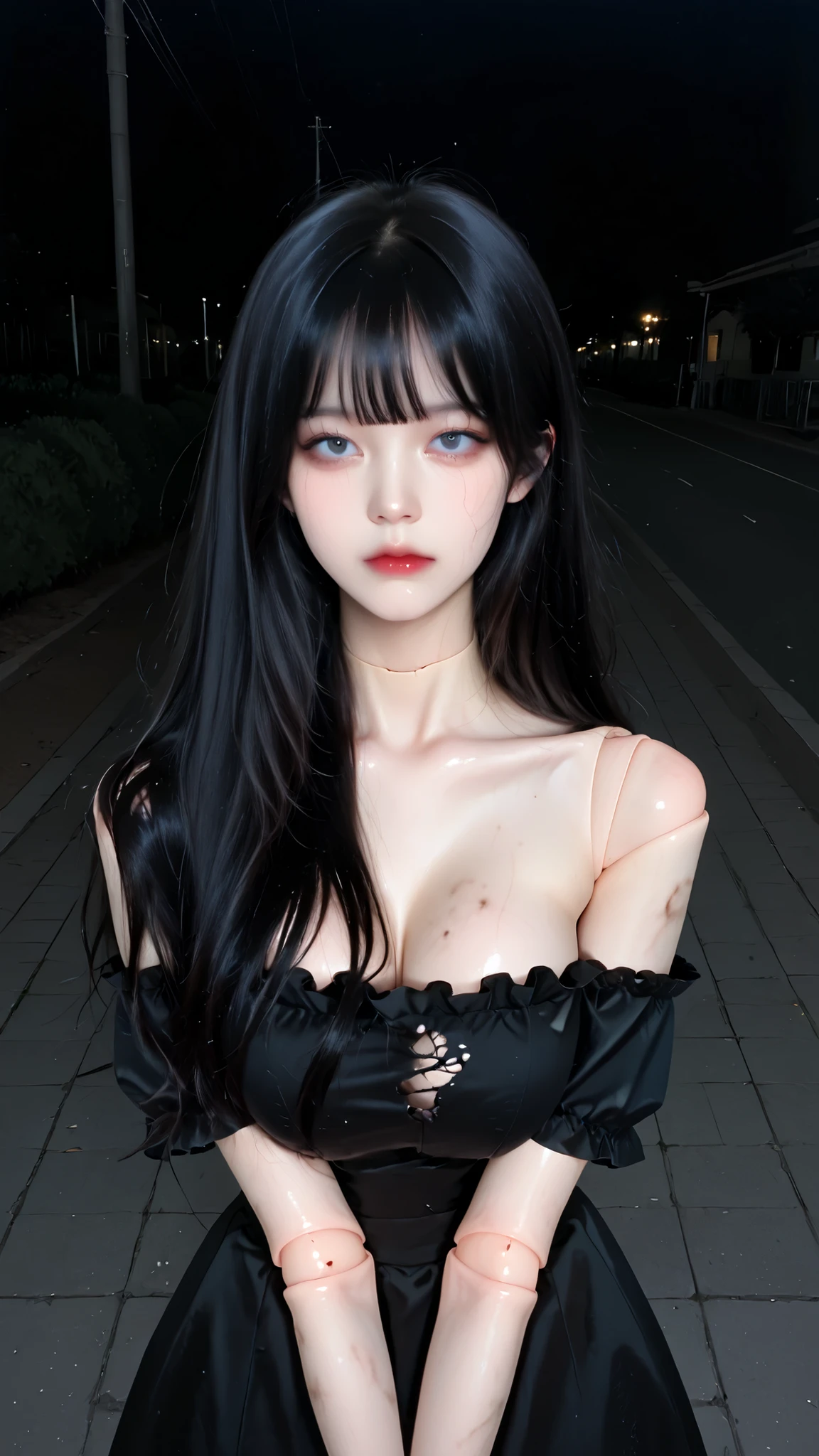 score_9, score_8, score_7,masterpiece, best quality, vibrant, very aesthetic, high contrast, anime, newest, koreanai, best_quality, finely_detailed_eyes_and_detailed_face, realistic skin, BREAK, (1 doll_girl, solo), doll_girl, beautiful, black_hair, straight_hair, bangs, large_breasts, tall,skinny, (doll_joints:1.3) , doll_joints_neck,outfit: black_dress, off_shoulder,  frilled_dress, short_sleeves, dirty_clothes,  dirty_skin, torn_clothes, pose: dynamic_pose, expressionless, (looking_at_viewer:1.2), (:0.7), background: ruined amusement park, dark, night, horror, ,(front_view),(cowboy_shot), skin texture style, realism, detailed,  face_focus , JANG_ICE, fembeauty,  girl_focus