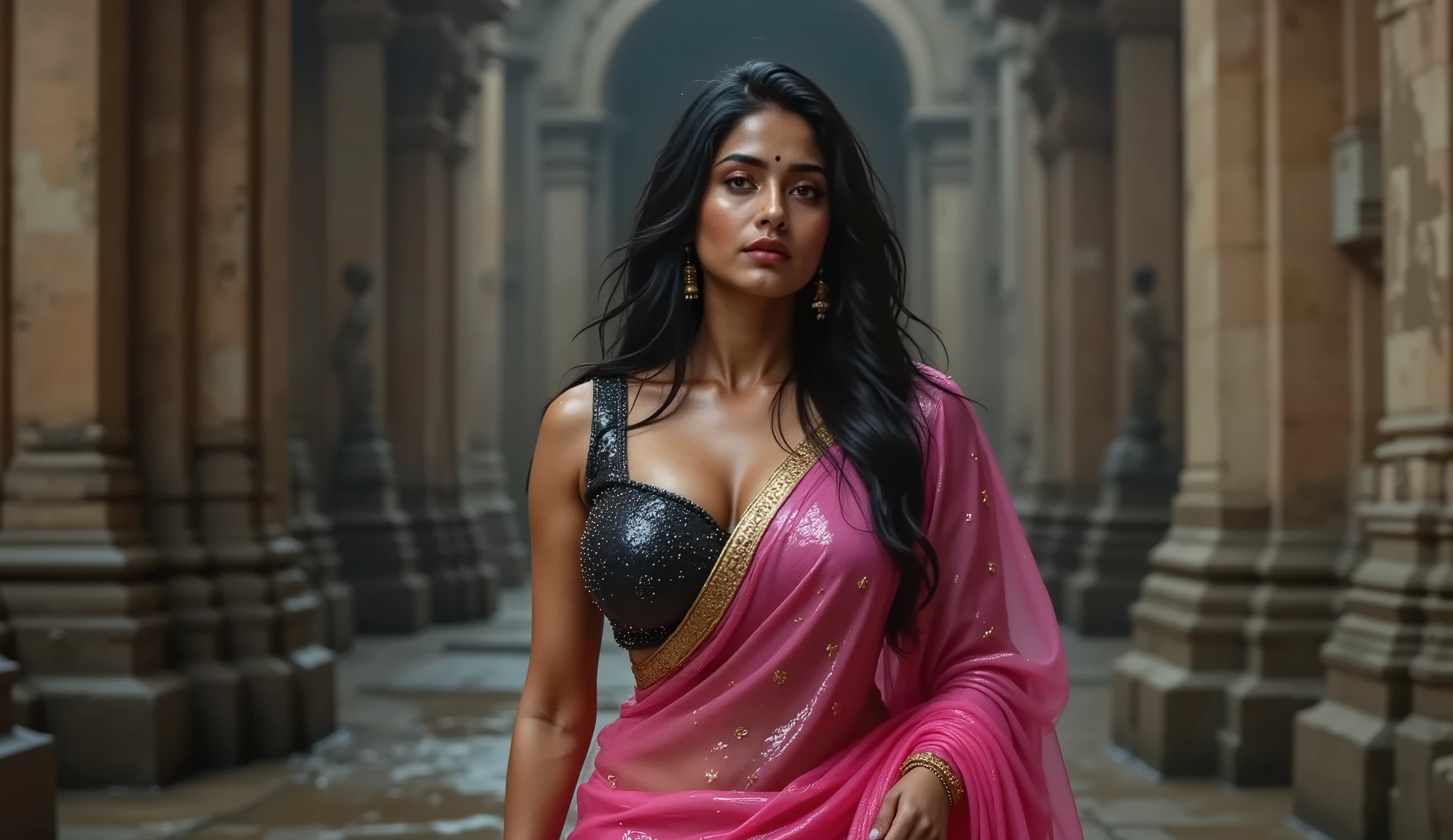 Full hd image of a indian 25 years old girl wearing pink shimmer saree black shimmer blouse walking in a scary ancient palace she is wet and water drops is on her body and clothes 