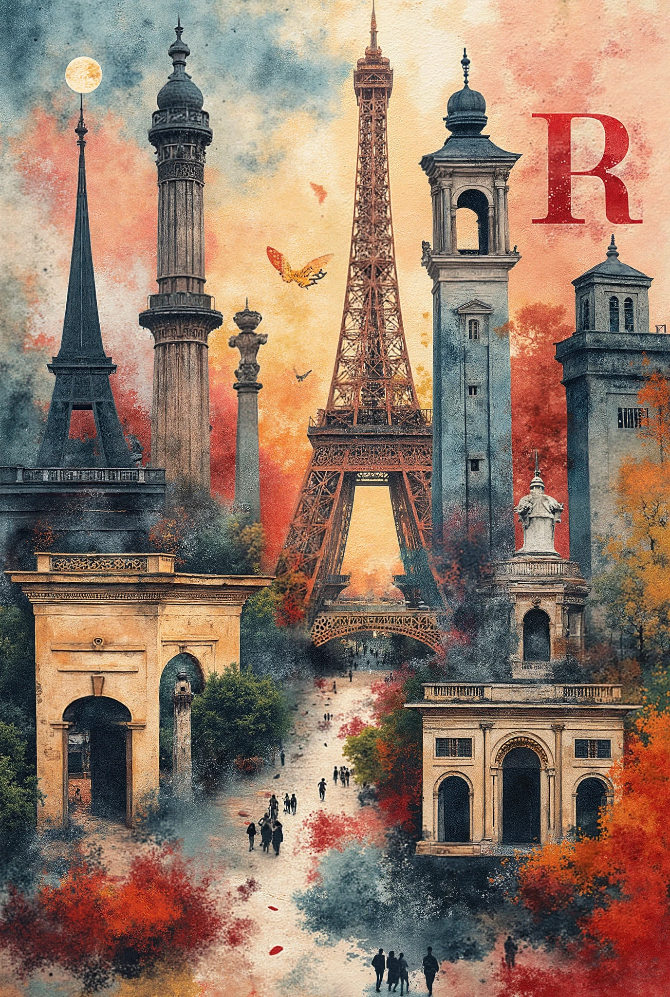 French abstract composition, French letters, or French landmarks entwined with letters of the French alphabet. an image with all proportions, an abstract image, in 8K high quality