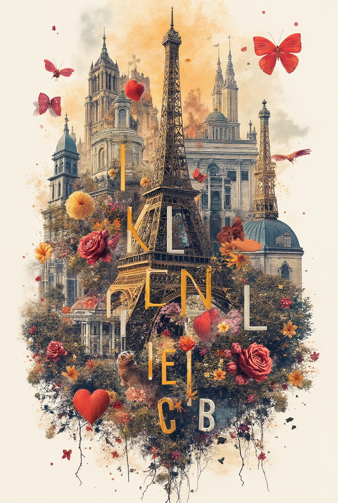 French abstract composition, French letters, or French landmarks entwined with letters of the French alphabet. an image with all proportions, an abstract image, in 8K high quality