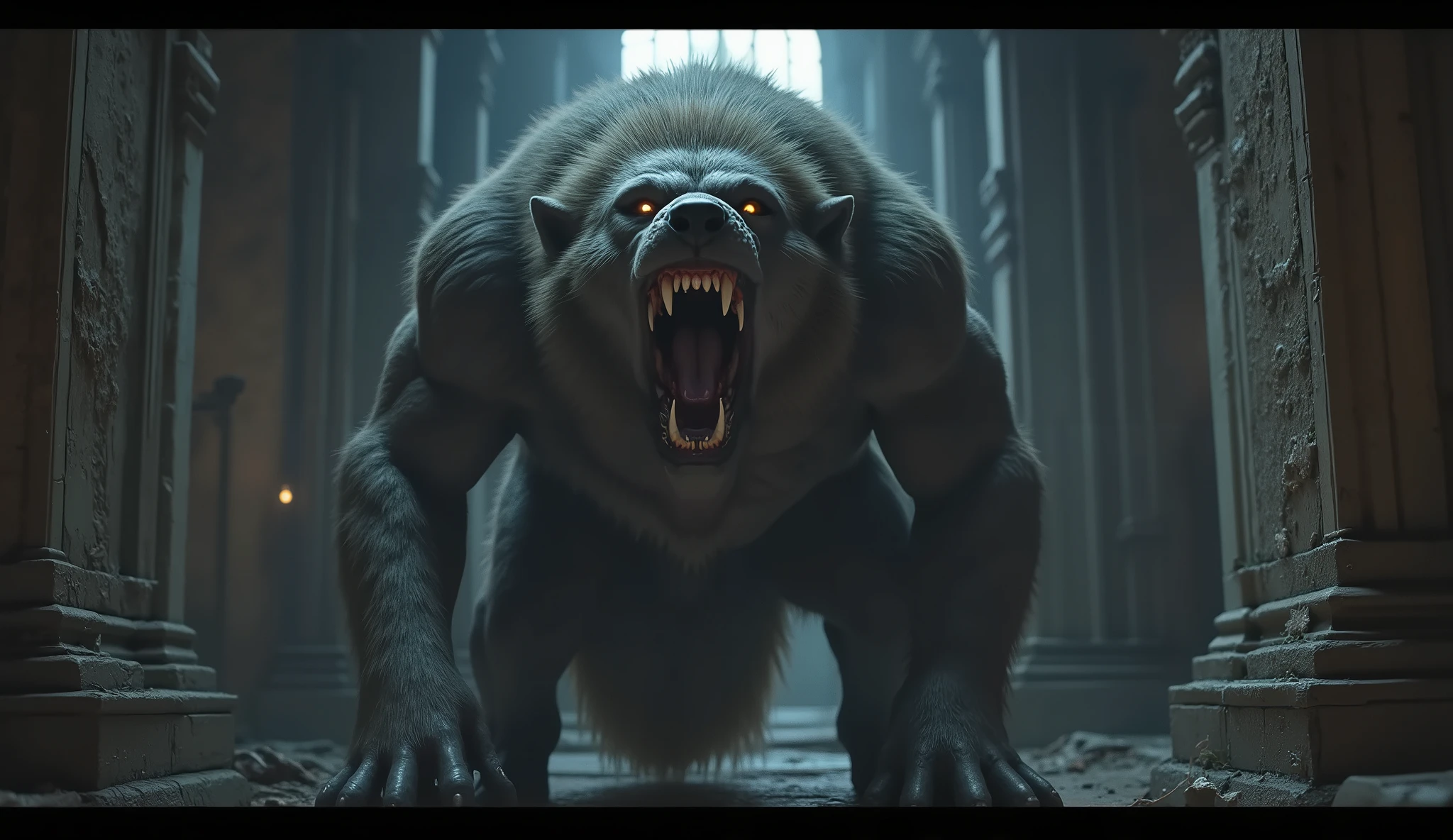 Full hd image of a big warewolf roar in the dark scary palace