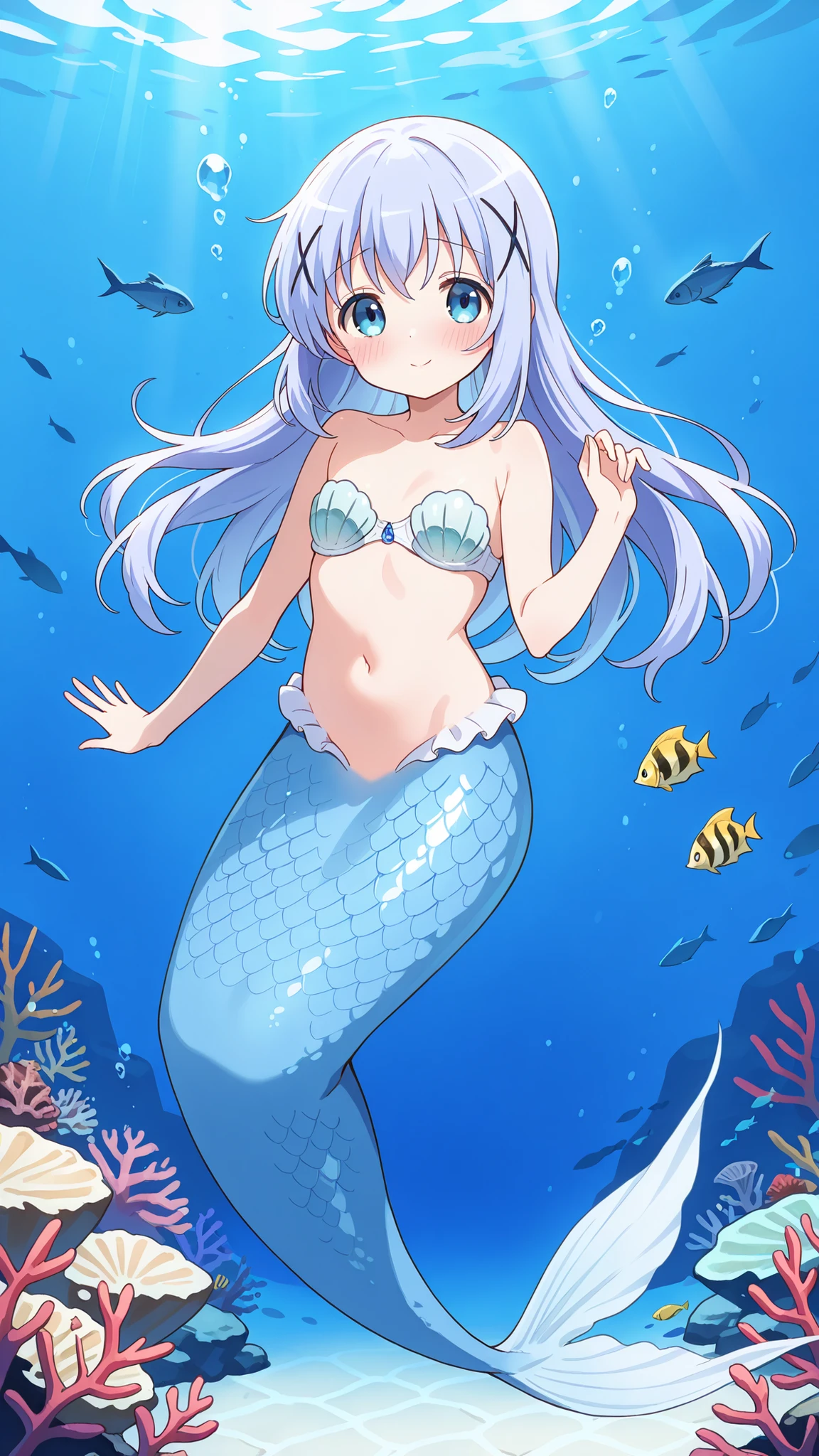 1 female, Shell Bra ,c-chino,long hair,Full body picture,best quality,is very beautiful,Ridiculous,masterpiece,( All five fingers ),Mermaid,The lower half of the body is a light blue fishtail,Fish scales,shy,Blush,Smile,(Underwater:1.2)