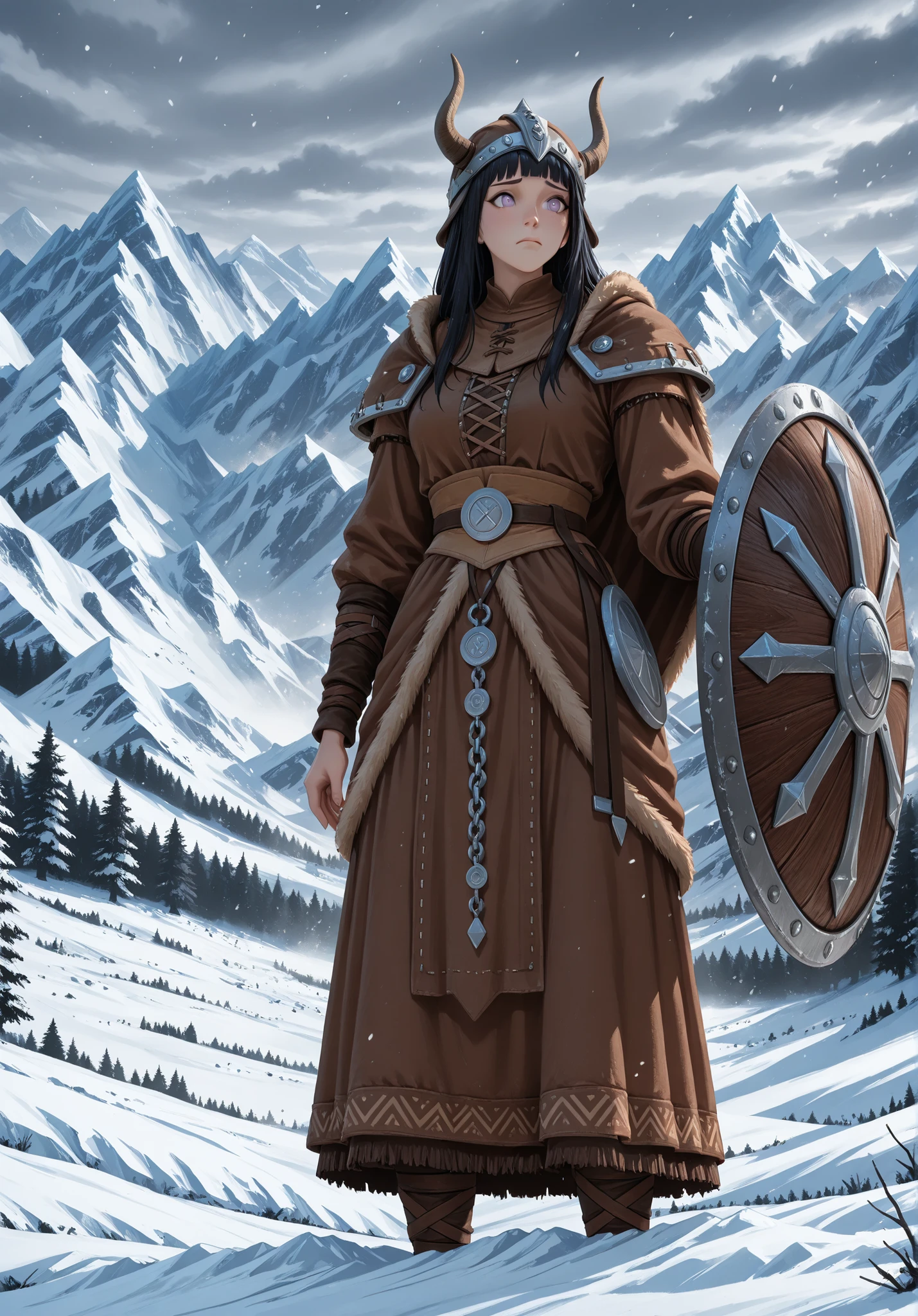 Imagine What If Hyūga Hinata Becomes Of Viking Leader, at the top of a Frozen Mountain, a Meditating of Female Viking leader with She's round Shield on She's Right: , the Viking was thoughtful, with She's So focus, She's seemed worried, regretted, traditional Viking costume, but animal skin clothing, a half-aged image, the effect of a very strong snowstorm on the mountain, trees in the background, also a mountain chain covered by snow, body angle of 75 º the information above is completely and completely unchanged, 