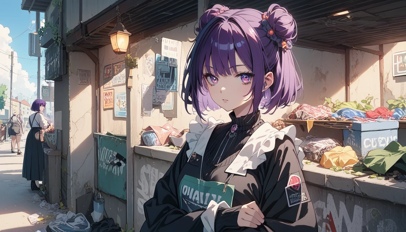 A girl, bright purple hair and gold eyes, Short hair, was sitting on a cafe bench, mascular girl, cheeks and chubby, Night, kawaii