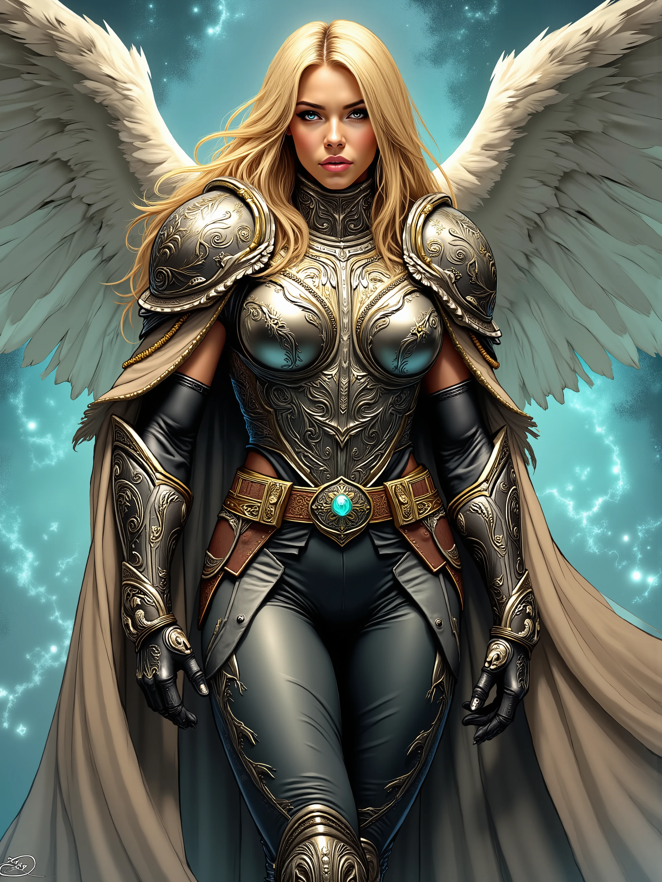 An extremely detailed comic book illustration of a stunningly beautiful muscletall Aasimar from dungeons and dragons descended from an angelic being infused with celestial power with features that hint at her celestial heritage such as metallic freckles luminous eyes a halo spectral wings or the skin color of an angel which can be silver opalescent green or coppery red trained as a Cleric following worshiping a Goddess of War Honorable Combat and Strategy able to draw power from the realms of the gods and harness it to work miracles wearing a sturdy intricately designed chest plate that features ornate patterns suggesting a high level of craftsmanship with a metallic sheen likely made from a combination of steel and magical materials with sleeves adorned with lighter flexible armor that allows for movement while the gauntlets are robust providing protection to the forearms and decorative elements that match the chest plate with a cape flowing from the shoulders billowing dramatically that appears to be made from a rich shimmering fabric with a slight glow indicating it is possibly imbued with magical properties over fitted leggings reinforced with protective armor pieces with intricate designs that complement the upper armor and emphasize her extremely long legs with a belt cinching her waist in an art style inspired by Frank Miller and Conan the Barbarian. Overall, the outfit conveys a sense of authority and strength, blending functionality with aesthetic appeal, ideal for a character in a fantas