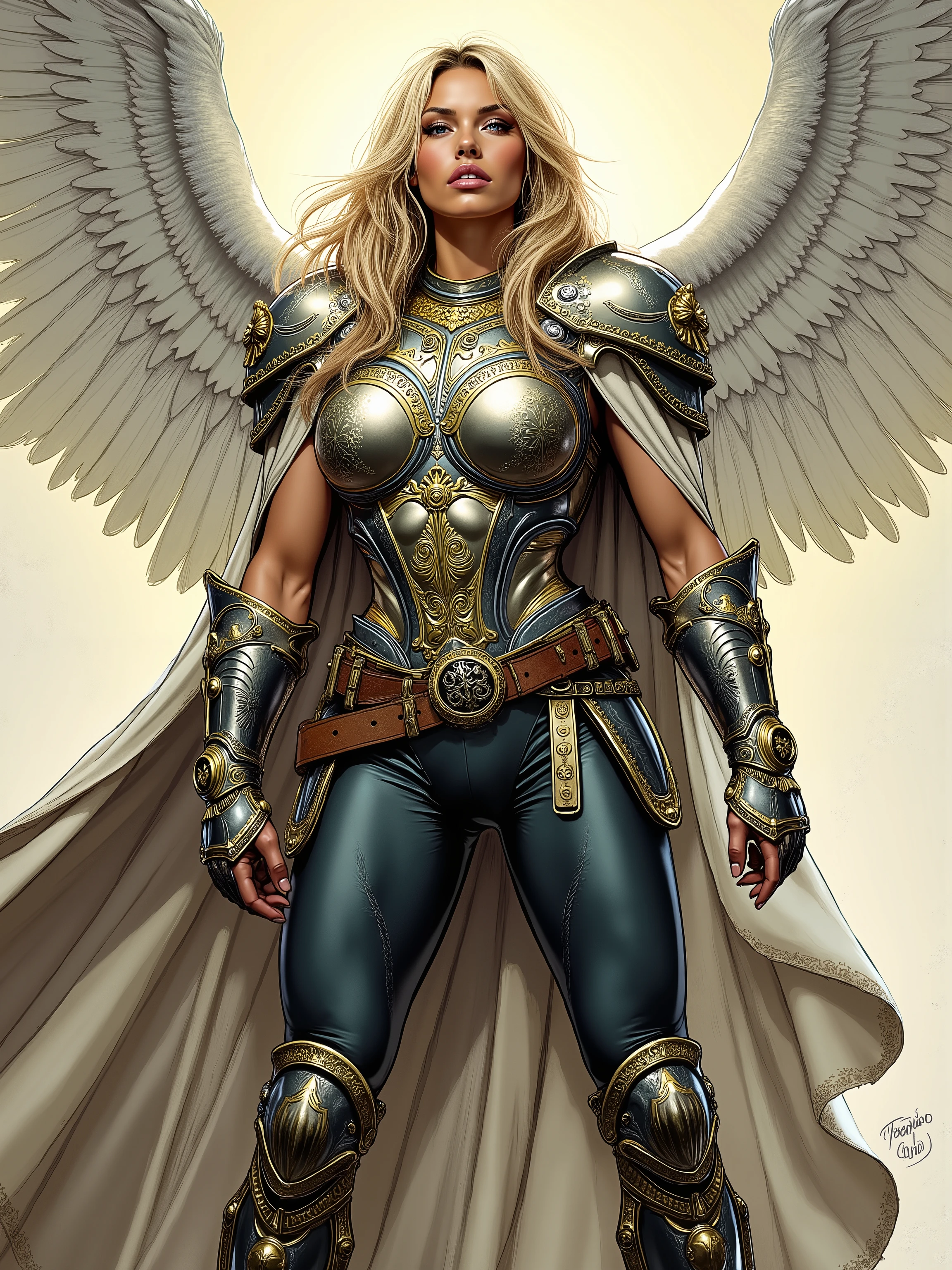 An extremely detailed comic book illustration of a stunningly beautiful muscletall Aasimar from dungeons and dragons descended from an angelic being infused with celestial power with features that hint at her celestial heritage such as metallic freckles luminous eyes a halo spectral wings or the skin color of an angel which can be silver opalescent green or coppery red trained as a Cleric following worshiping a Goddess of War Honorable Combat and Strategy able to draw power from the realms of the gods and harness it to work miracles wearing a sturdy intricately designed chest plate that features ornate patterns suggesting a high level of craftsmanship with a metallic sheen likely made from a combination of steel and magical materials with sleeves adorned with lighter flexible armor that allows for movement while the gauntlets are robust providing protection to the forearms and decorative elements that match the chest plate with a cape flowing from the shoulders billowing dramatically that appears to be made from a rich shimmering fabric with a slight glow indicating it is possibly imbued with magical properties over fitted leggings reinforced with protective armor pieces with intricate designs that complement the upper armor and emphasize her extremely long legs with a belt cinching her waist in an art style inspired by Frank Miller and Conan the Barbarian. Overall, the outfit conveys a sense of authority and strength, blending functionality with aesthetic appeal, ideal for a character in a fantas
