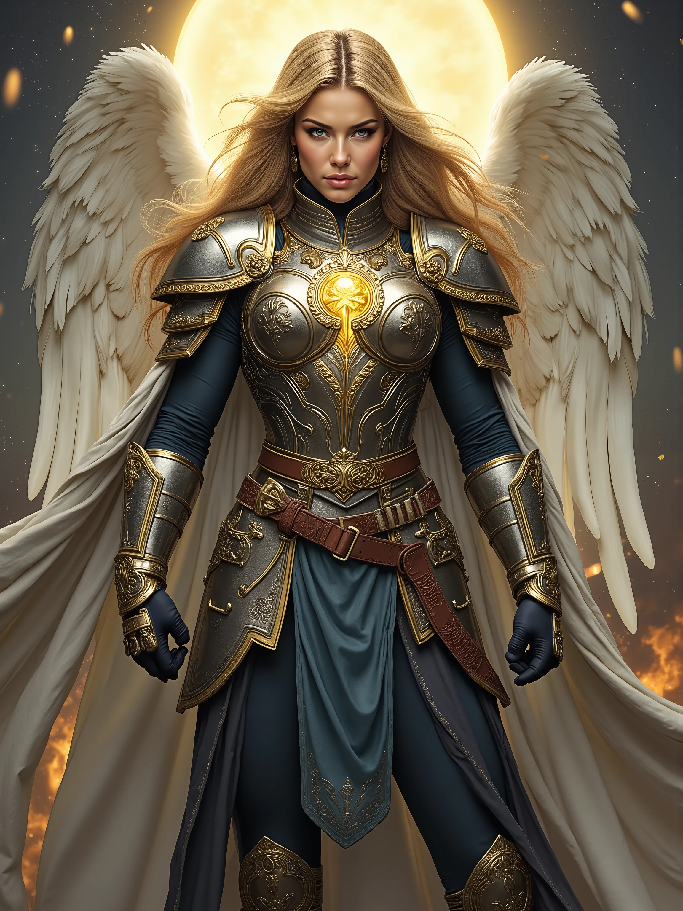 An extremely detailed movie poster of a stunningly beautiful muscletall Aasimar from dungeons and dragons descended from an angelic being infused with celestial power with features that hint at her celestial heritage such as metallic freckles luminous eyes a halo spectral wings or the skin color of an angel which can be silver opalescent green or coppery red trained as a Cleric following worshiping a Goddess of War Honorable Combat and Strategy able to draw power from the realms of the gods and harness it to work miracles wearing a sturdy intricately designed chest plate that features ornate patterns suggesting a high level of craftsmanship with a metallic sheen likely made from a combination of steel and magical materials with sleeves adorned with lighter flexible armor that allows for movement while the gauntlets are robust providing protection to the forearms and decorative elements that match the chest plate with a cape flowing from the shoulders billowing dramatically that appears to be made from a rich shimmering fabric with a slight glow indicating it is possibly imbued with magical properties over fitted leggings reinforced with protective armor pieces with intricate designs that complement the upper armor and emphasize her extremely long legs with a belt cinching her waist in an art style inspired by Frank Miller and Conan the Barbarian. Overall, the outfit conveys a sense of authority and strength, blending functionality with aesthetic appeal, ideal for a character in a fantas