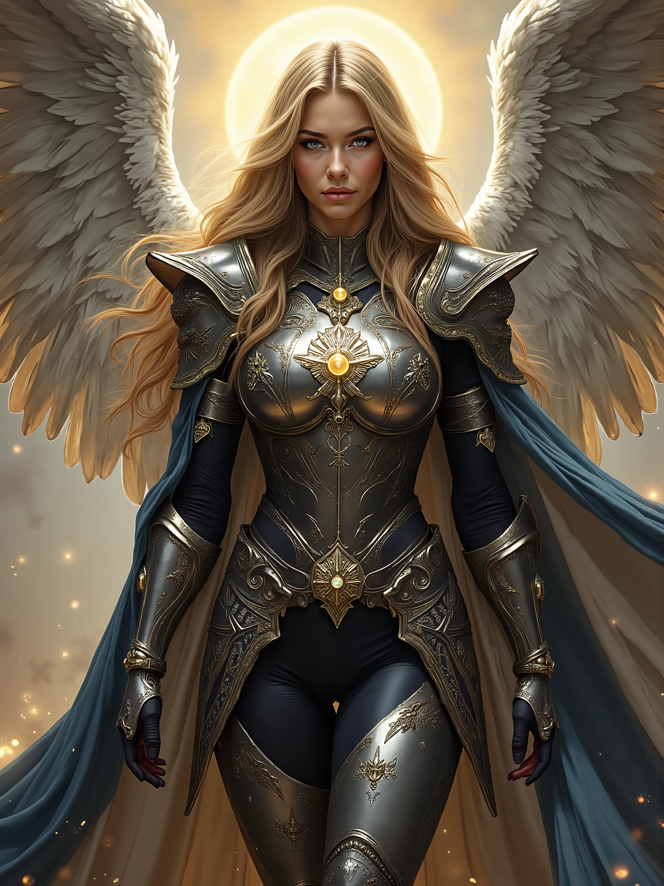 An extremely detailed movie poster of a stunningly beautiful muscletall Aasimar from dungeons and dragons descended from an angelic being infused with celestial power with features that hint at her celestial heritage such as metallic freckles luminous eyes a halo spectral wings or the skin color of an angel which can be silver opalescent green or coppery red trained as a Cleric following worshiping a Goddess of War Honorable Combat and Strategy able to draw power from the realms of the gods and harness it to work miracles wearing a sturdy intricately designed chest plate that features ornate patterns suggesting a high level of craftsmanship with a metallic sheen likely made from a combination of steel and magical materials with sleeves adorned with lighter flexible armor that allows for movement while the gauntlets are robust providing protection to the forearms and decorative elements that match the chest plate with a cape flowing from the shoulders billowing dramatically that appears to be made from a rich shimmering fabric with a slight glow indicating it is possibly imbued with magical properties over fitted leggings reinforced with protective armor pieces with intricate designs that complement the upper armor and emphasize her extremely long legs with a belt cinching her waist in an art style inspired by Frank Miller and Conan the Barbarian. Overall, the outfit conveys a sense of authority and strength, blending functionality with aesthetic appeal, ideal for a character in a fantas