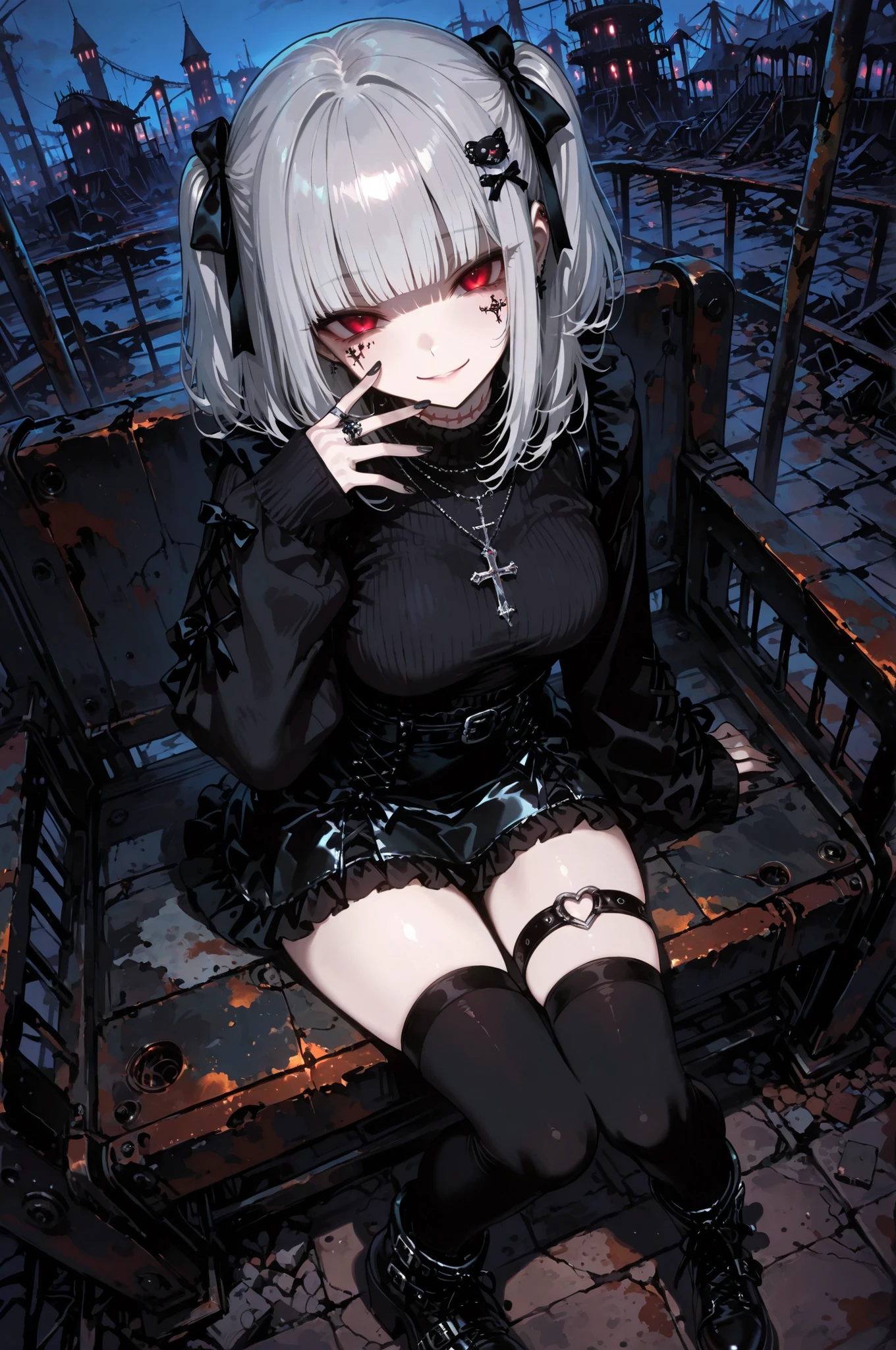1girl ,silver hair ,medium hair ,blunt bangs ,breasts ,cross necklace ,jirai kei ,necklace ,sleeves past wrists ,long sleeves ,tsurime ,looking at viewer ,black nails ,hand up ,black sweater ,red eyes ,face tattoo ,hair ornament ,black skirt ,mini skirt ,frilled skirt ,scar on neck ,thigh strap ,thighhighs ,black boots ,rust ,ruins ,amusement park ,dark ,night ,false smile ,medium breasts ,dutch angle ,sitting ,from above ,masterpiece, best quality, ultra detailed ,
