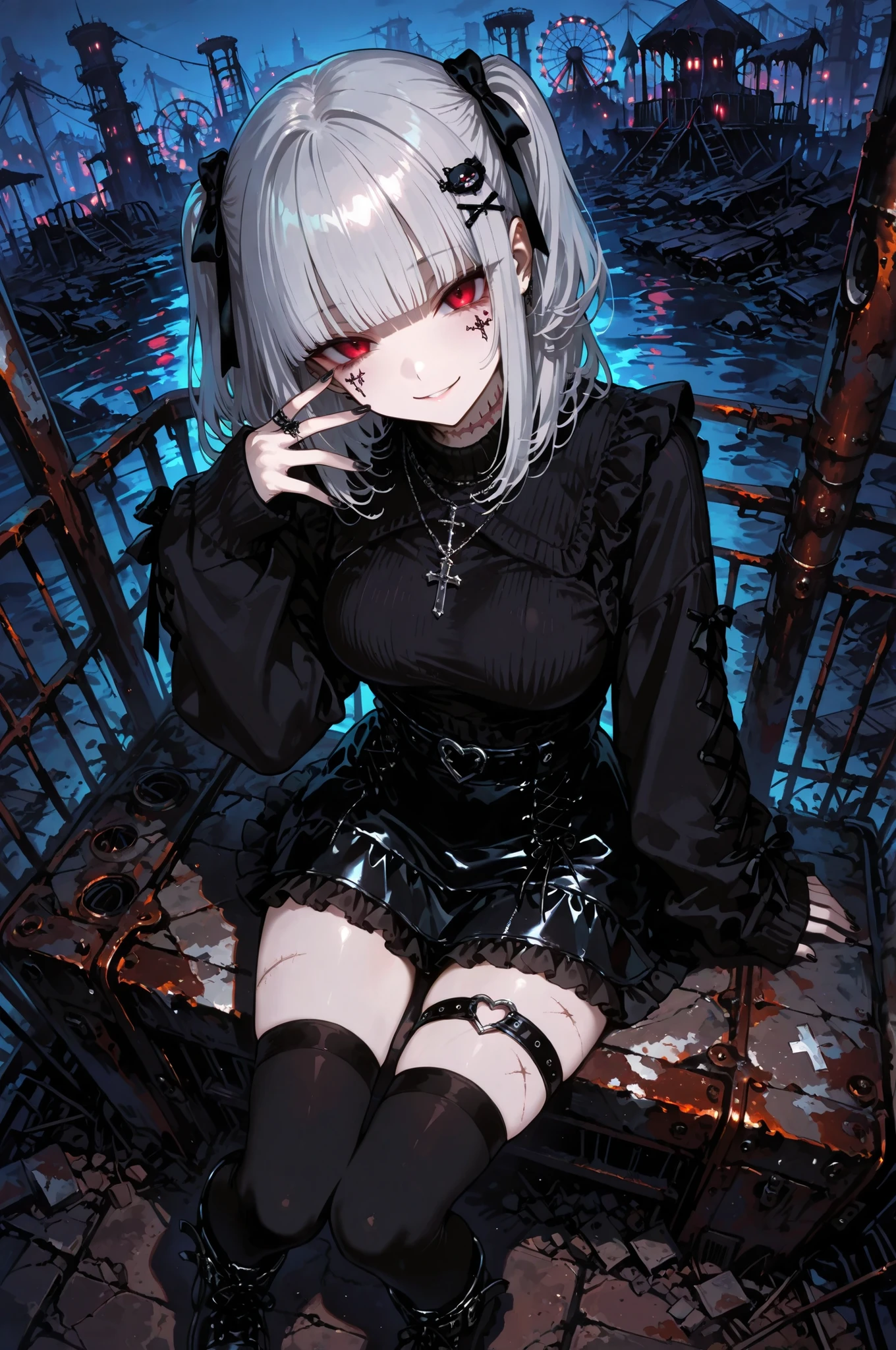 1girl ,silver hair ,medium hair ,blunt bangs ,breasts ,cross necklace ,jirai kei ,necklace ,sleeves past wrists ,long sleeves ,tsurime ,looking at viewer ,black nails ,hand up ,black sweater ,red eyes ,face tattoo ,hair ornament ,black skirt ,mini skirt ,frilled skirt ,scar on neck ,thigh strap ,thighhighs ,black boots ,rust ,ruins ,amusement park ,dark ,night ,false smile ,medium breasts ,dutch angle ,sitting ,from above ,masterpiece, best quality, ultra detailed ,
