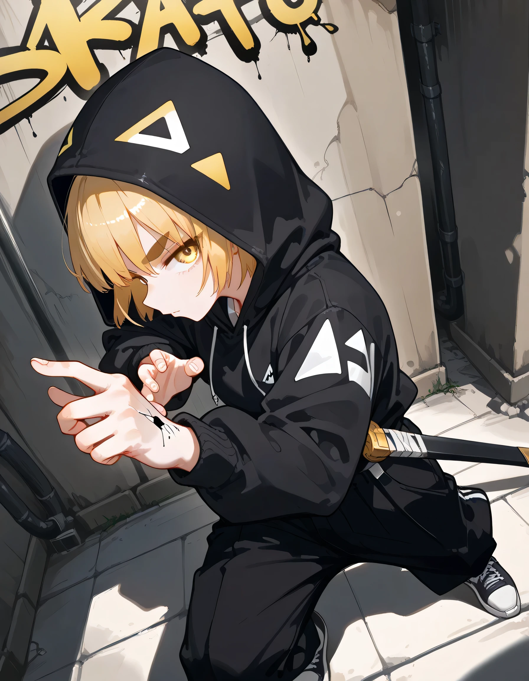 from above,profile,(dutch angle,dynamic cool fighting stance pose),looking at viewer,30years old,adult man face,male's eyes,zen1tsuag4tsuma, short hair, blonde hair, yellow eyes, thick eyebrows,adult man face,triangle print, black jacket, long sleeves, black pants,Black hoodie, hood up, back alley, dark place, cool impression, dark person, graffiti art,sword in a scabbard、ready、 mid-waist、battoujutsu、The effect of putting lightning on the body、