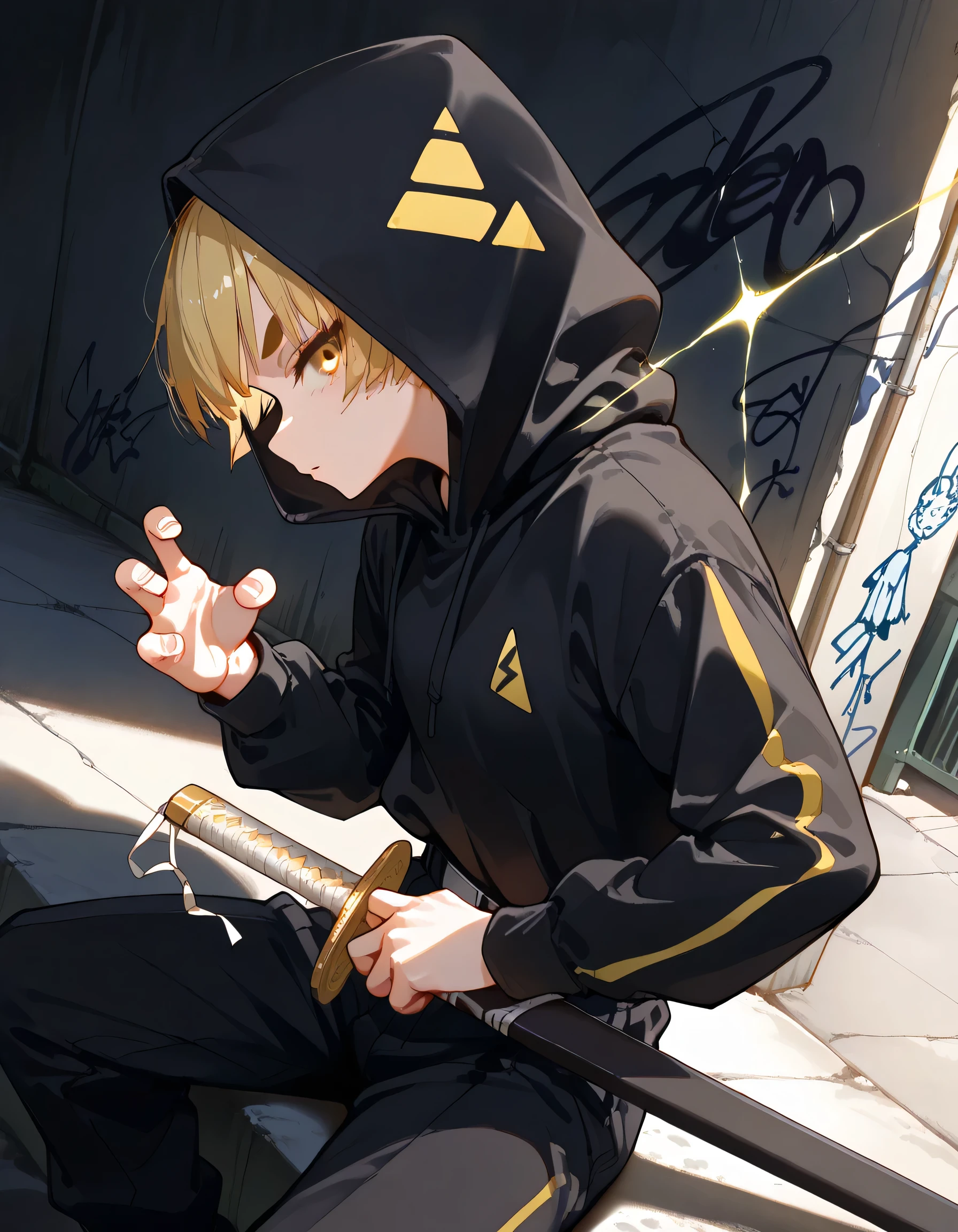 from above,cool sitting,profile,(dutch angle,dynamic cool fighting stance pose),looking at viewer,30years old,adult man face,male's eyes,zen1tsuag4tsuma, short hair, blonde hair, yellow eyes, thick eyebrows,adult man face,triangle print, black jacket, long sleeves, black pants,Black hoodie, hood up, back alley, dark place, cool impression, dark person, graffiti art,sword in a scabbard、ready、 mid-waist、battoujutsu、The effect of putting lightning on the body、Lightning spark waves,