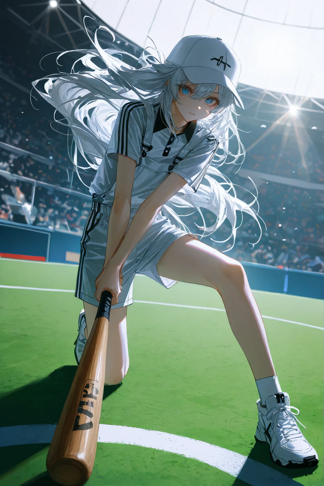 dynamic_pose,dynamic effects,
lens flare,(artist:quasarcake:0.8),extreme aesthetic,(wlop:0.6),wanke,newest,
dynamic pose,depth of field,muted color,masterpiece,best quality,amazing quality,very aesthetic,absurdres,newest,
looking_at_viewer,close-up,HDR,Shadow Play,ambient occlusion,ray_tracing,(perspective:1.3),dutch angle,exaggerated perspective,foreshortening,Visual impact,A shot with tension,
(Visual impact:1.3)A girl with long silver-white hair,delicate and beautiful face,wearing a white baseball cap with the brim slightly curled,exposing part of her silver-white hair. She stands sideways,holding a wooden baseball bat in her hands,leaning her body slightly forward,ready to hit the ball. The surface of the baseball bat is smooth,giving a sense of strength when held. She is dressed in standard tennis attire (white short sleeves and white shorts) and wears white sneakers. The background features green grass,white base lines,and the audience stands are faintly visible. The lighting effect is backlighting or side lighting,highlighting the reflection of the baseball bat and the luster of her hair. The overall image exudes a sense of strength and focus,with a confident and resolute expression./////,absurdres,best-quality,masterpiece,masterpiece,amazing quality,best quality,