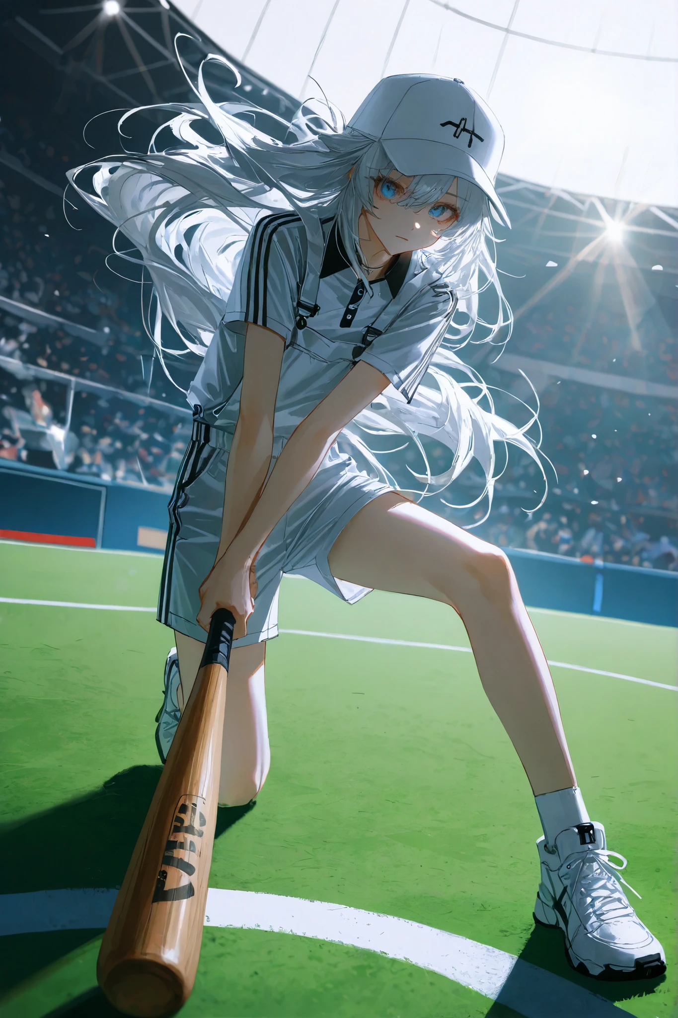 dynamic_pose,dynamic effects,
lens flare,(artist:quasarcake:0.8),extreme aesthetic,(wlop:0.6),wanke,newest,
dynamic pose,depth of field,muted color,masterpiece,best quality,amazing quality,very aesthetic,absurdres,newest,
looking_at_viewer,close-up,HDR,Shadow Play,ambient occlusion,ray_tracing,(perspective:1.3),dutch angle,exaggerated perspective,foreshortening,Visual impact,A shot with tension,
(Visual impact:1.3)A girl with long silver-white hair,delicate and beautiful face,wearing a white baseball cap with the brim slightly curled,exposing part of her silver-white hair. She stands sideways,holding a wooden baseball bat in her hands,leaning her body slightly forward,ready to hit the ball. The surface of the baseball bat is smooth,giving a sense of strength when held. She is dressed in standard tennis attire (white short sleeves and white  shorts) and wears white sneakers. The background features green grass,white base lines,and the audience stands are faintly visible. The lighting effect is backlighting or side lighting,highlighting the reflection of the baseball bat and the luster of her hair. The overall image exudes a sense of strength and focus,with a confident and resolute expression./////,absurdres,best-quality,masterpiece,masterpiece,amazing quality,best quality,