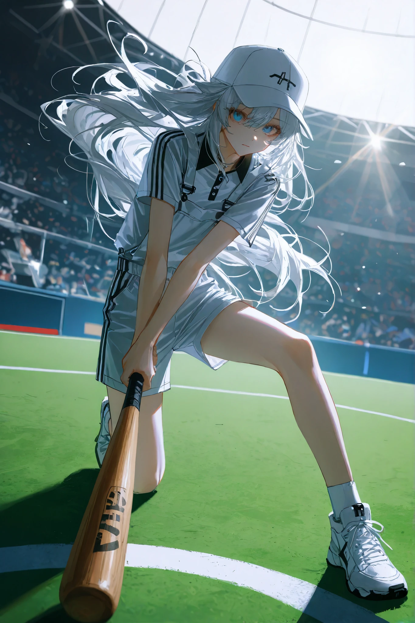 dynamic_pose,dynamic effects,
lens flare,(artist:quasarcake:0.8),extreme aesthetic,(wlop:0.6),wanke,newest,
dynamic pose,depth of field,muted color,masterpiece,best quality,amazing quality,very aesthetic,absurdres,newest,
looking_at_viewer,close-up,HDR,Shadow Play,ambient occlusion,ray_tracing,(perspective:1.3),dutch angle,exaggerated perspective,foreshortening,Visual impact,A shot with tension,
(Visual impact:1.3)A girl with long silver-white hair,delicate and beautiful face,wearing a white baseball cap with the brim slightly curled,exposing part of her silver-white hair. She stands sideways,holding a wooden baseball bat in her hands,leaning her body slightly forward,ready to hit the ball. The surface of the baseball bat is smooth,giving a sense of strength when held. She is dressed in standard tennis attire (white short sleeves and white shorts) and wears white sneakers. The background features green grass,white base lines,and the audience stands are faintly visible. The lighting effect is backlighting or side lighting,highlighting the reflection of the baseball bat and the luster of her hair. The overall image exudes a sense of strength and focus,with a confident and resolute expression./////,absurdres,best-quality,masterpiece,masterpiece,amazing quality,best quality,