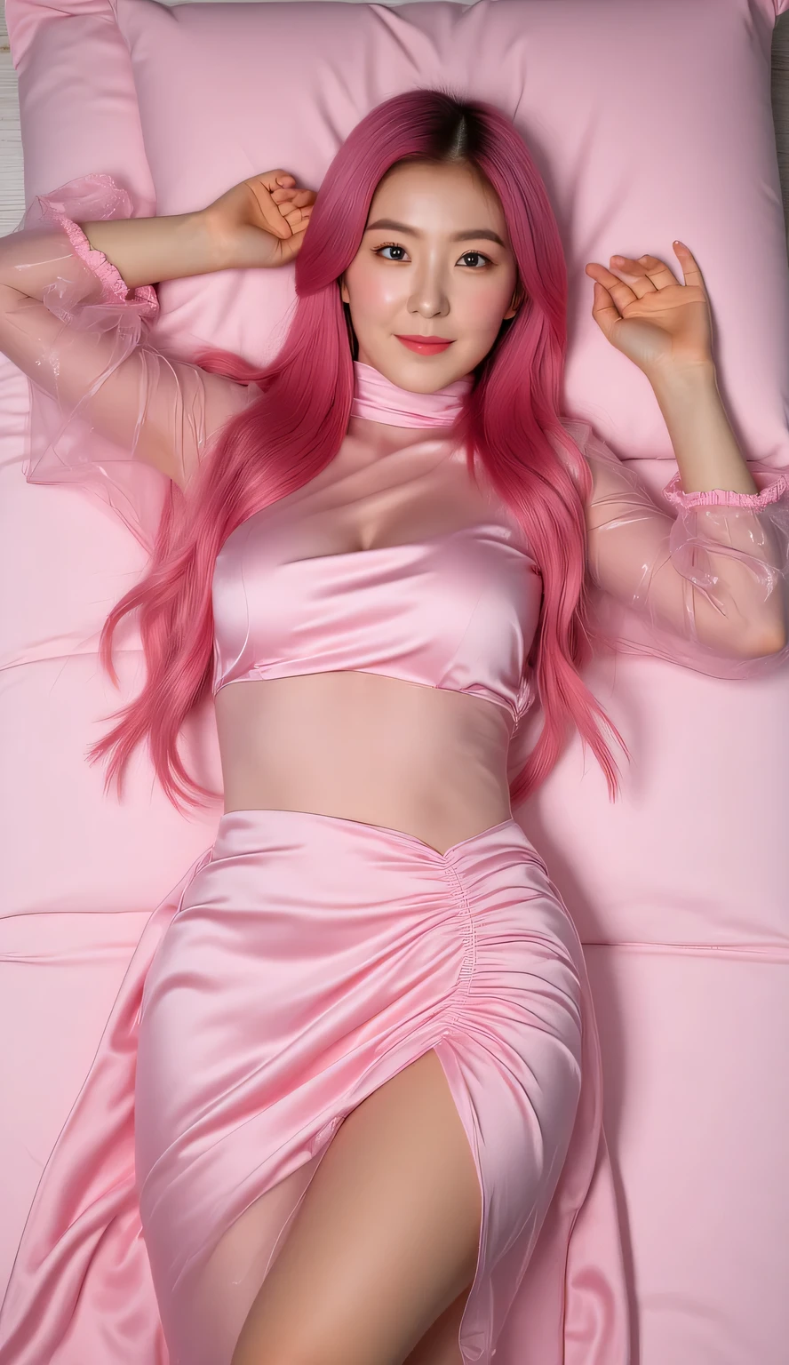 an adult woman with bright pink long hair, lying on her back on a luxurious pink silk bed, both hands raised above her head, wearing an oversized transparent pink satin turtle neck dress with 3/4 sleeves that extends to her feet, the dress covering her chest yet still transparent, teasing smiling face, sensual pose, soft ambient lighting, silky smooth skin, high resolution, photorealistic, detailed fabric textures, glistening satin material, bedroom setting, intimate atmosphere, professional photography, 8k quality, masterpiece