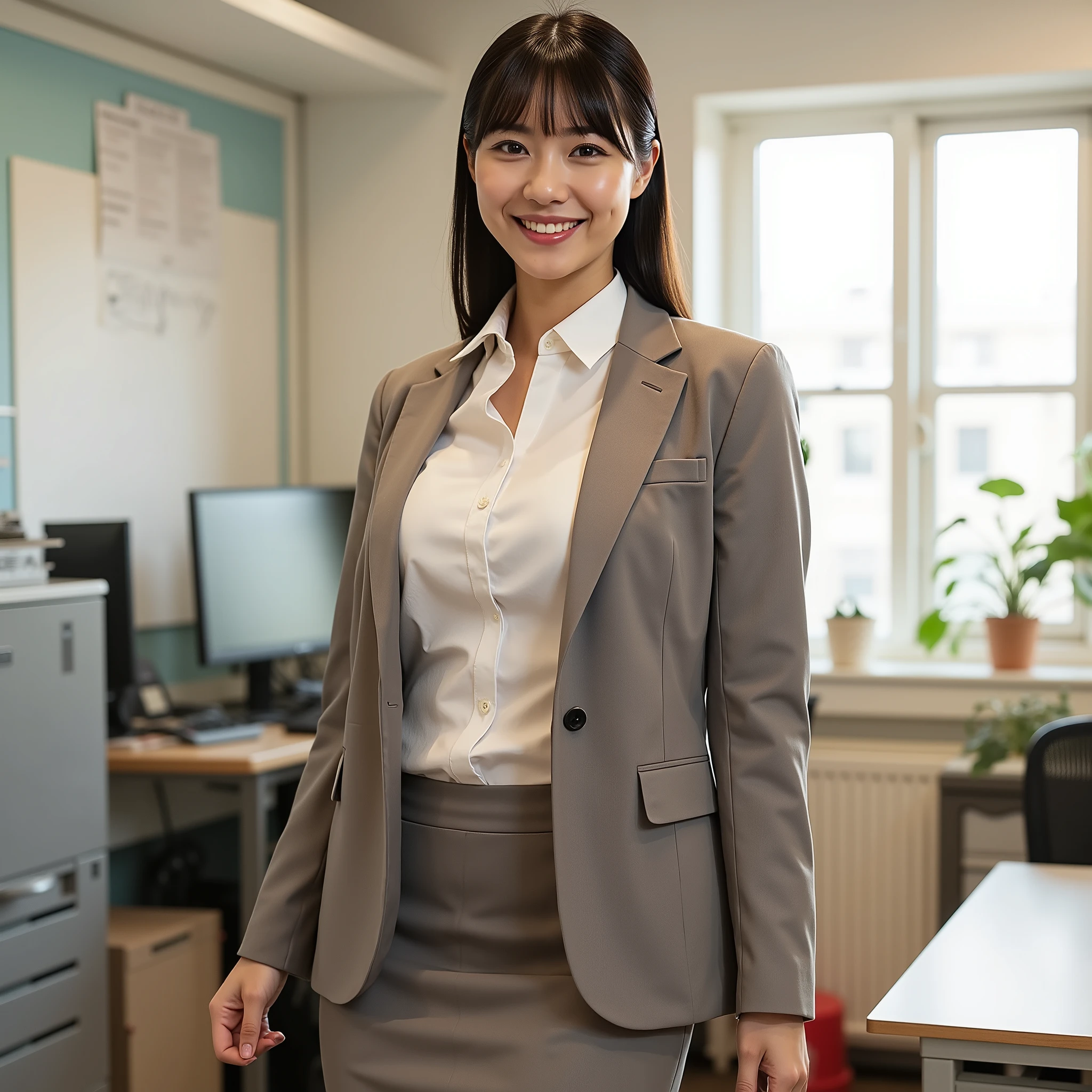 1girl, very cute face, solo, Office Lady, crouches, Blissful expression, Smile of joy, Shining Face, real happiness, brighter lighting, A warm and bright atmosphere,  Slightly parted lips, Silky black hair, ponytail from the front, Swept-back bangs, Kirby Beauty, elegant office wear, jacket, Blouse shirt, pencil skirt, full body, Oblique perspective, dynamic angle, full of light and shadow, (Perfect Smooth Skin, very aesthetic), vivid, vivid色, (masterpiece, Highest Quality:1.2), high resolution, very detailed, complicated details、Bright Office、full body shot from below、whiteboard for office、Copy machine、desktop computer、Large windows