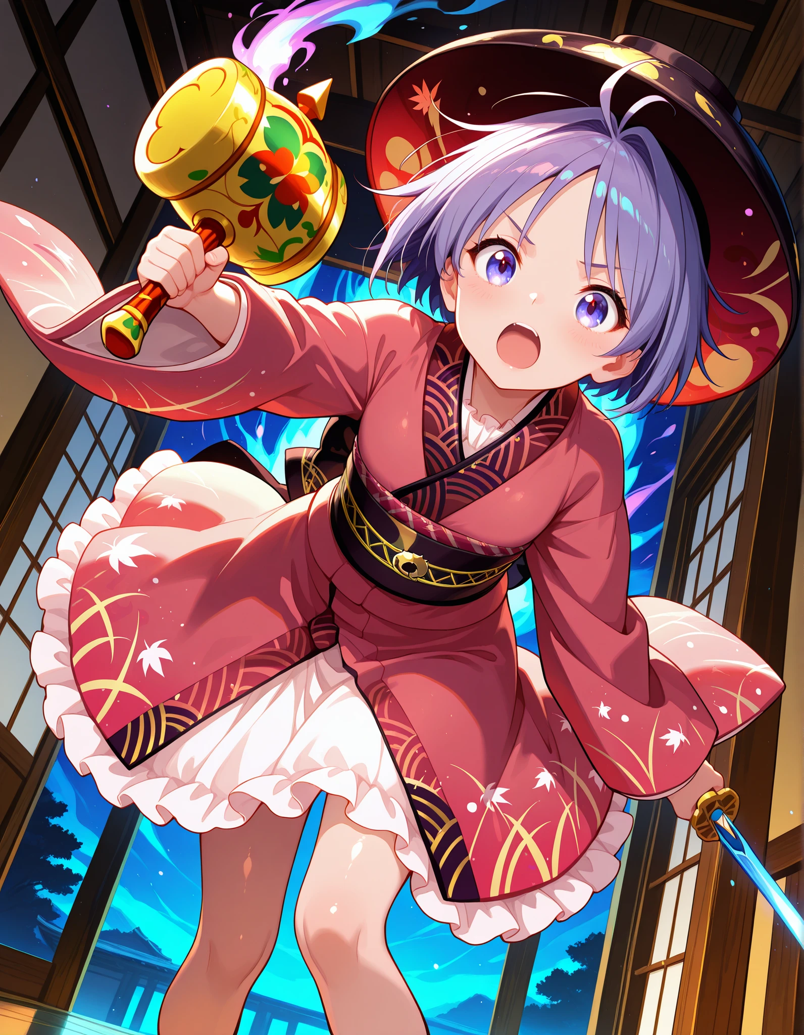 high quality, masterpiece, detailed, 8K, beautiful lighting, five fingers, anime style, vibrant colors, Inside a dark brown Japanese-style wooden building, the world is at night, the ceiling is high and the building is made of dark brown wood with windows on both sides, revealing a fantastical world outside. There is no ground inside the building and the girl is floating in the air. A girl is holding a golden mallet and brandishing it towards us. Her expression is defiant, her mouth wide open, and a fantastical, colorful, smoky aura surrounds her. sukuna shinmyoumaru, 1girl, solo, blue eyes, purple eyes, blue hair, purple hair, short hair, antena hair,
bowl hat, japanese clothes, red kimono, frilled kimono, long sleeves, wide sleeves, sash, pink skirt, frilled skirt, miracle mallet, needle sword, shiny skin, shiny, detailed eyes,anime eyes,high detail eyes,multicolored iris,detailed iris, The girl is small, like Issunboshi, and the scenery in the background is huge. (viewed from dutch angle, low angle shot:1.2), the girl is looking at me, (The girl leans forward and levitates in the air while wielding a magic hammer:1.2). (The girl is floating high in the sky:1.2), 